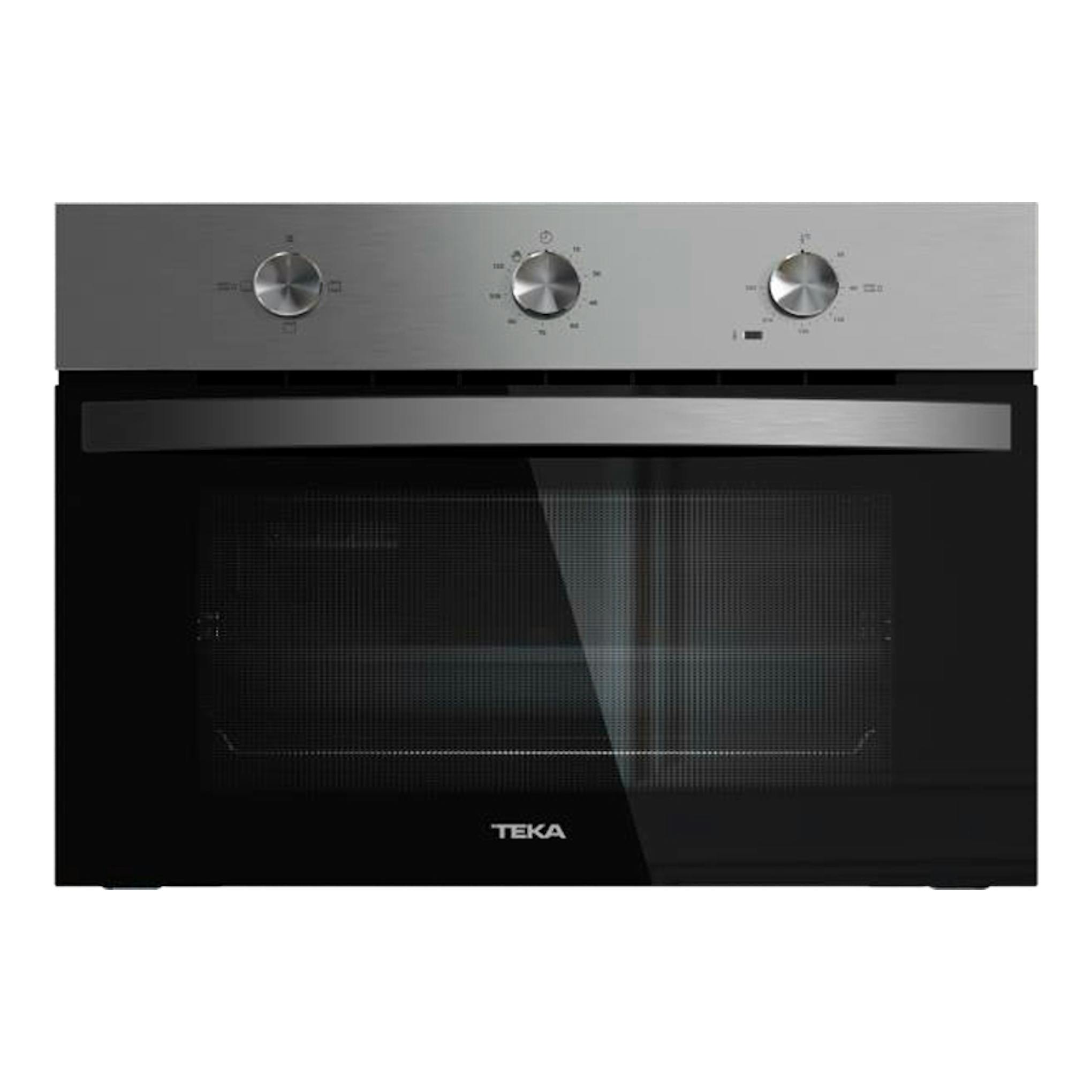 Horno Teka HBC5350 Inox, vista frontal, panel superior inox con tres mandos y puerta negra de vidrio.