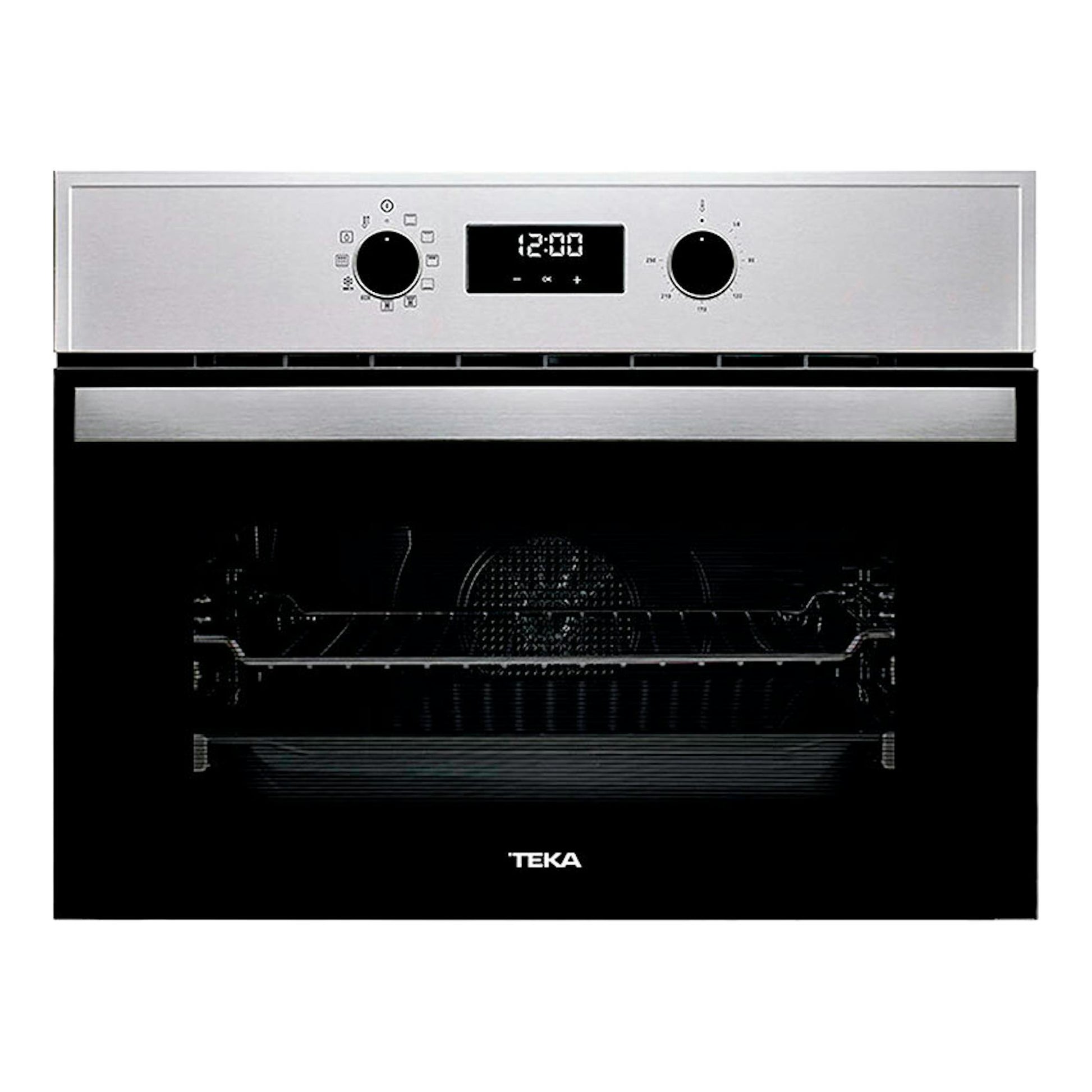 Horno Teka HBC625P Inox, frontal de acero inoxidable y puerta de vidrio negro, con pantalla digital y dos mandos.