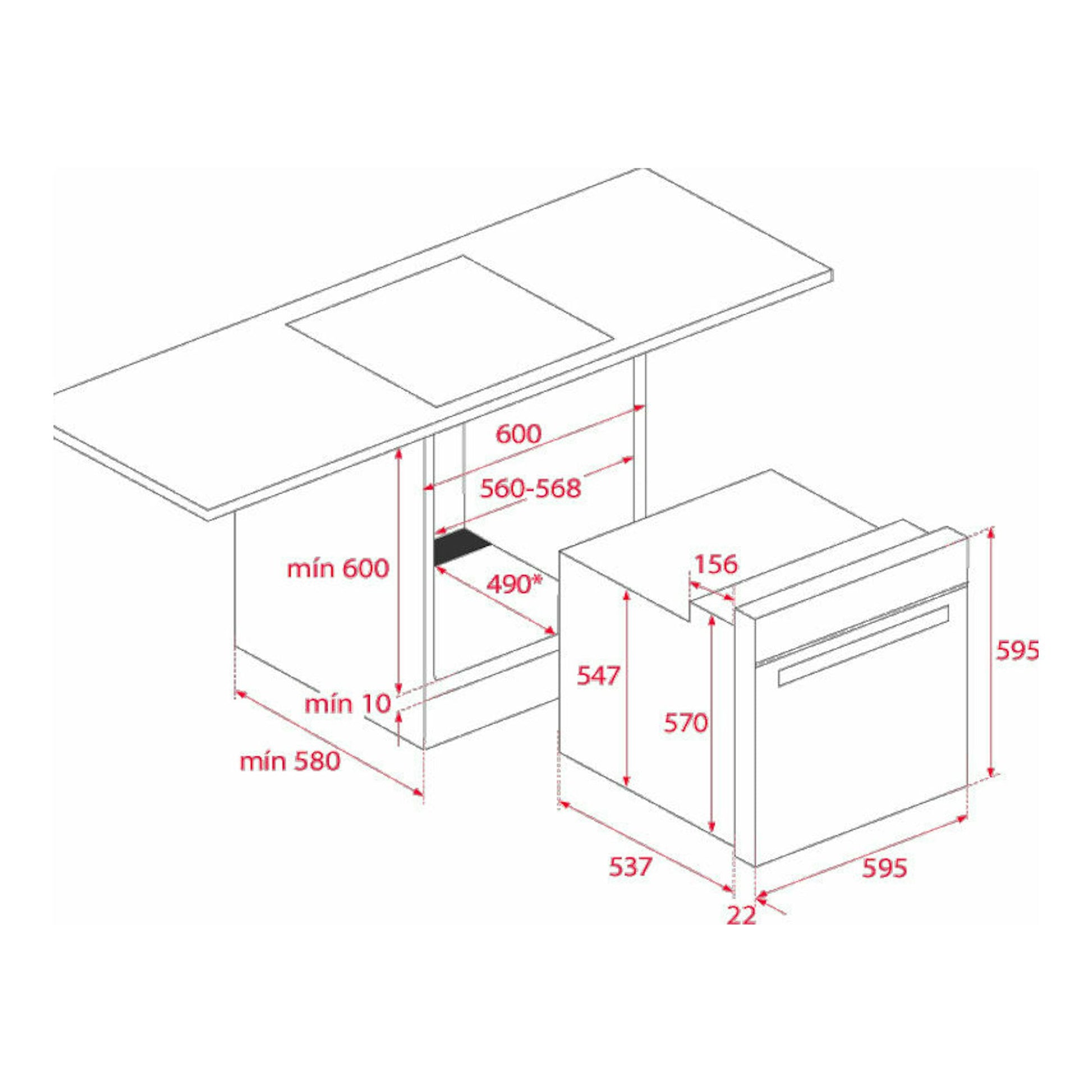 Diagrama técnico de instalación de horno Teka HBE 435 ME Inox, vista en perspectiva con medidas en rojo.