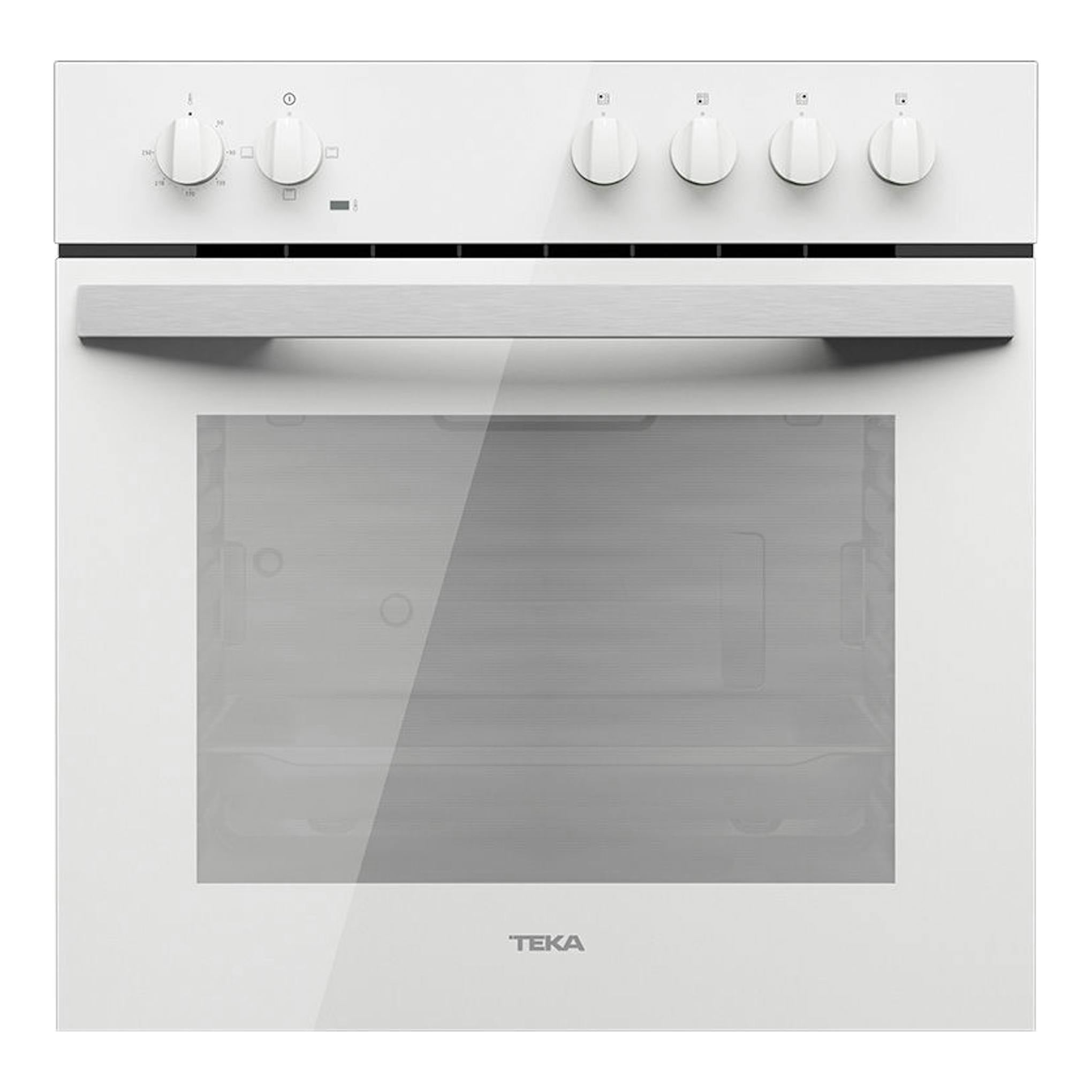 Horno Teka HBE 490 ME blanco, vista frontal, con puerta de cristal y cinco mandos superiores.