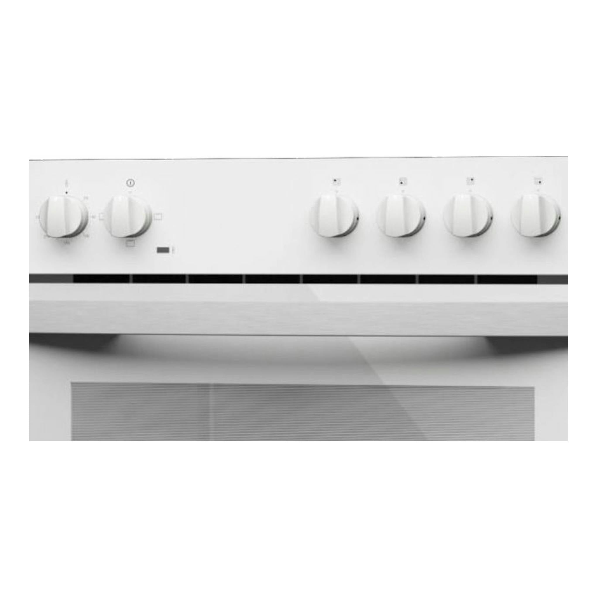 Teka HBE 490 ME blanco, vista frontal de horno empotrable con seis mandos y puerta de cristal.