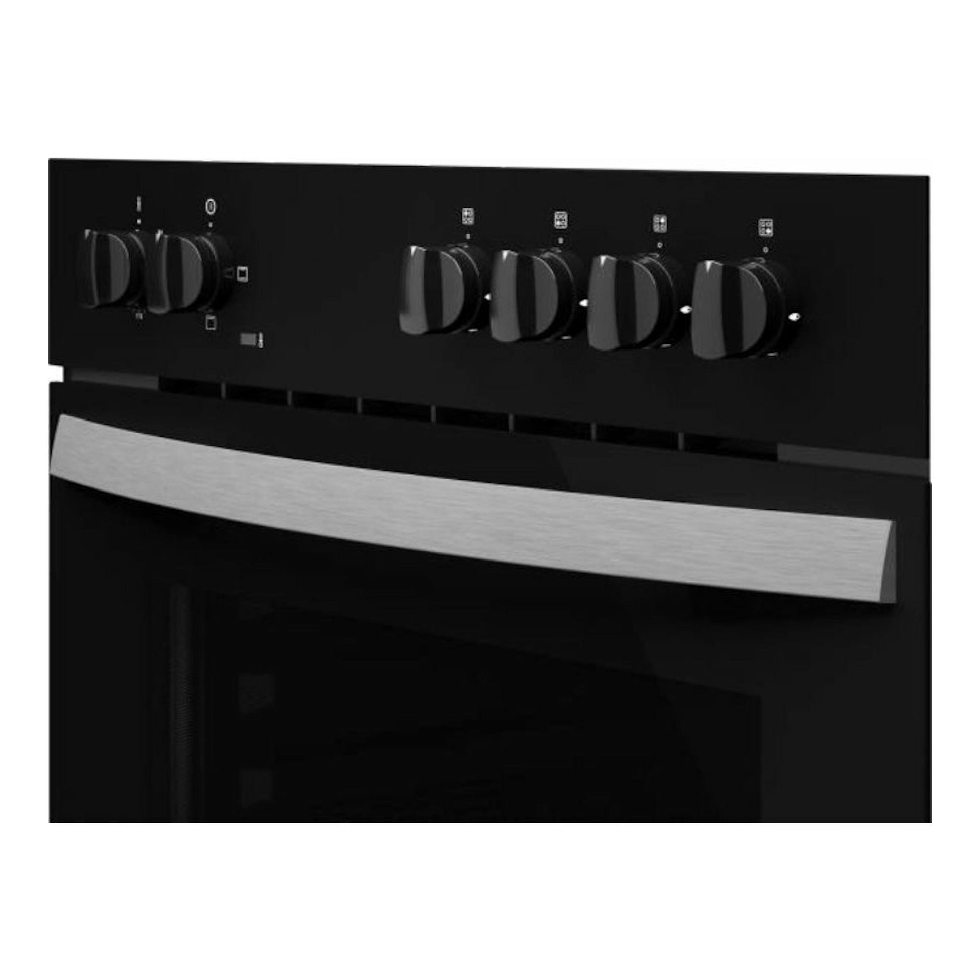 Horno Teka HBE 490 ME negro, vista frontal parcial, con 6 mandos y tirador metálico plateado.