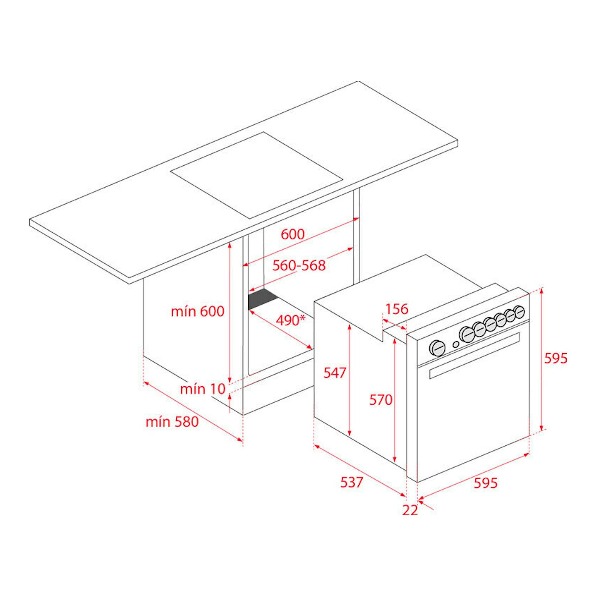 Esquema de instalación del horno Teka HBE 615 ME Inox, vista frontal y lateral con medidas en rojo.