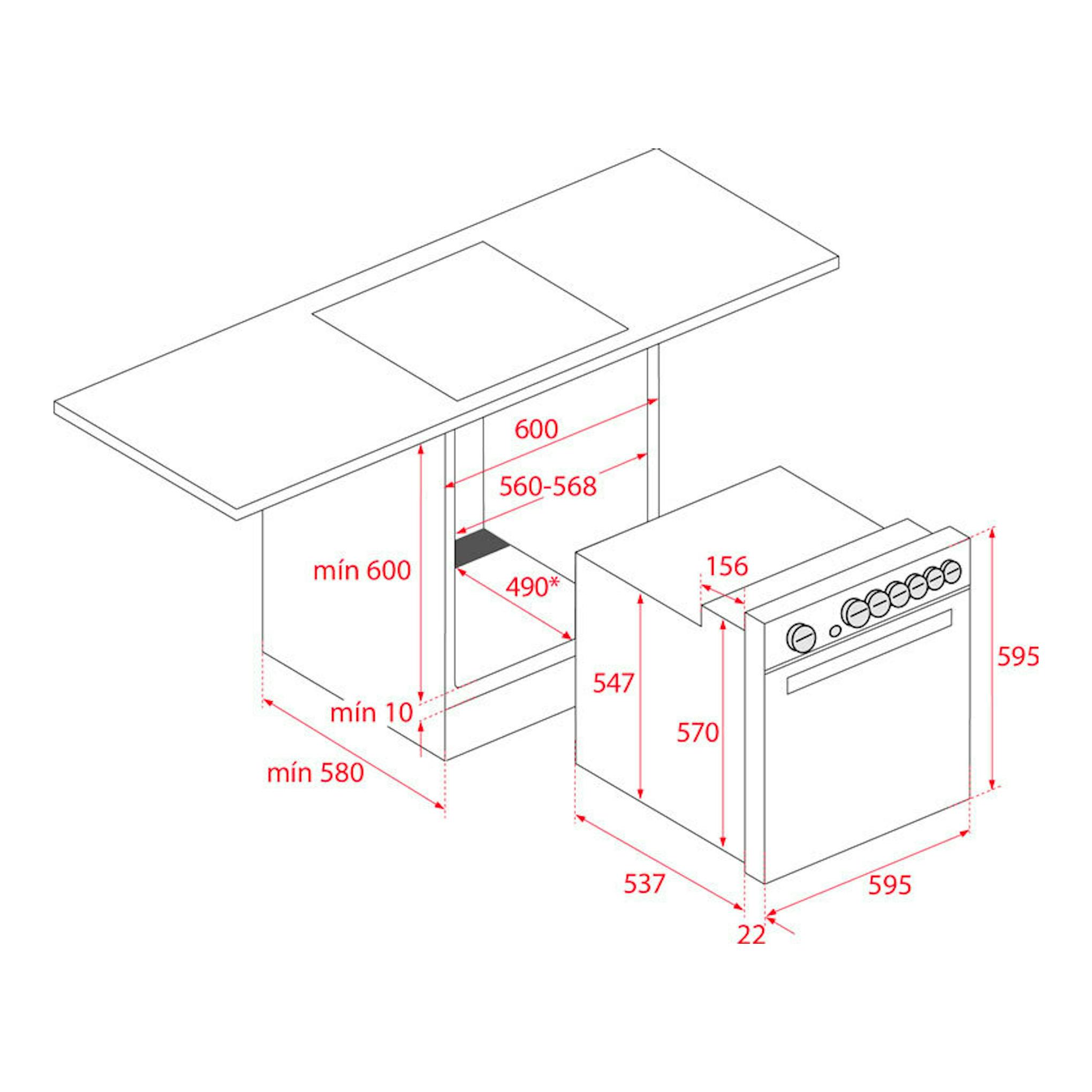 Esquema de instalación del horno Teka HBE 615 ME Inox, vista frontal y lateral con medidas en rojo.