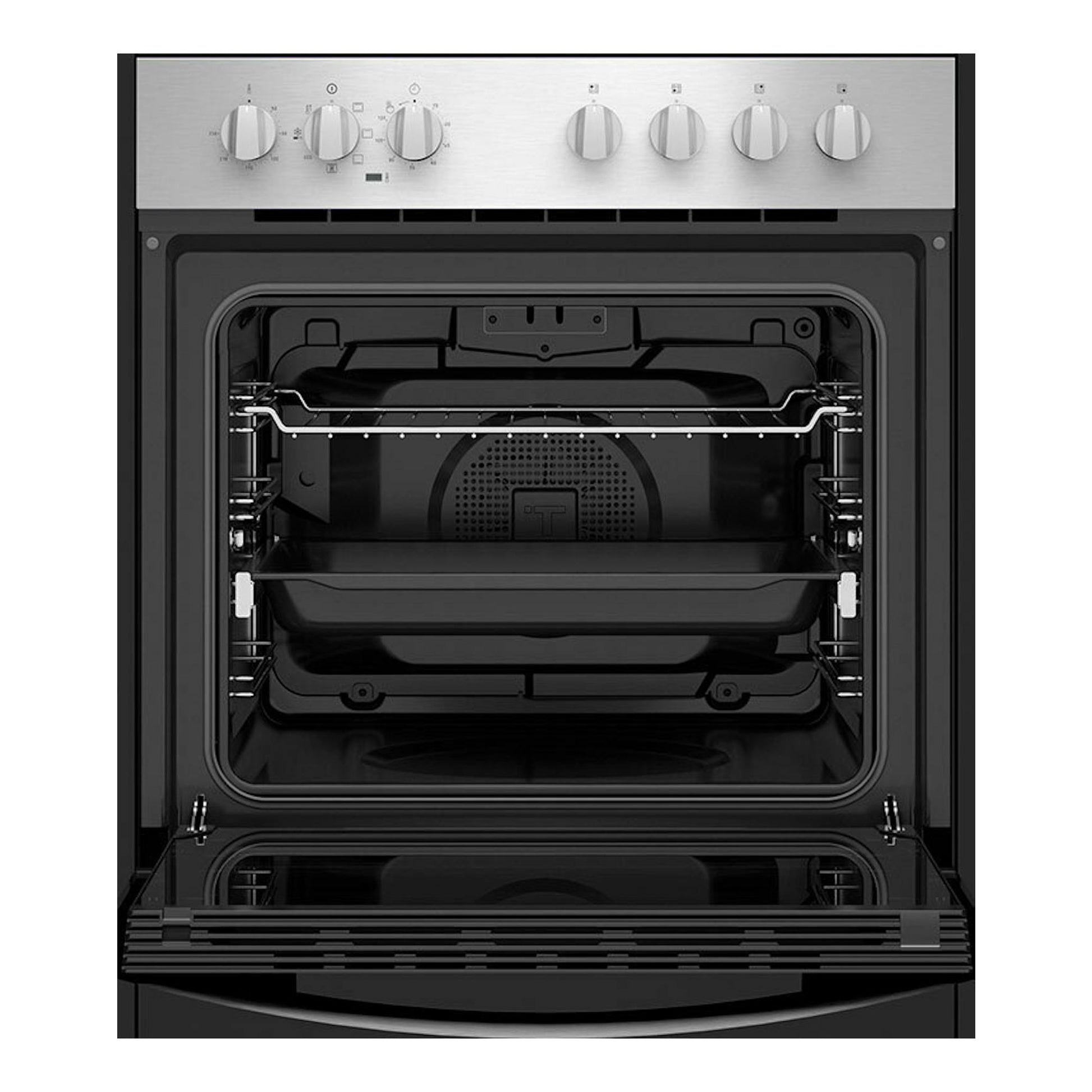 Horno Teka HBE 615 ME Inox, vista frontal con puerta abierta, panel inoxidable y cavidad interior negra.