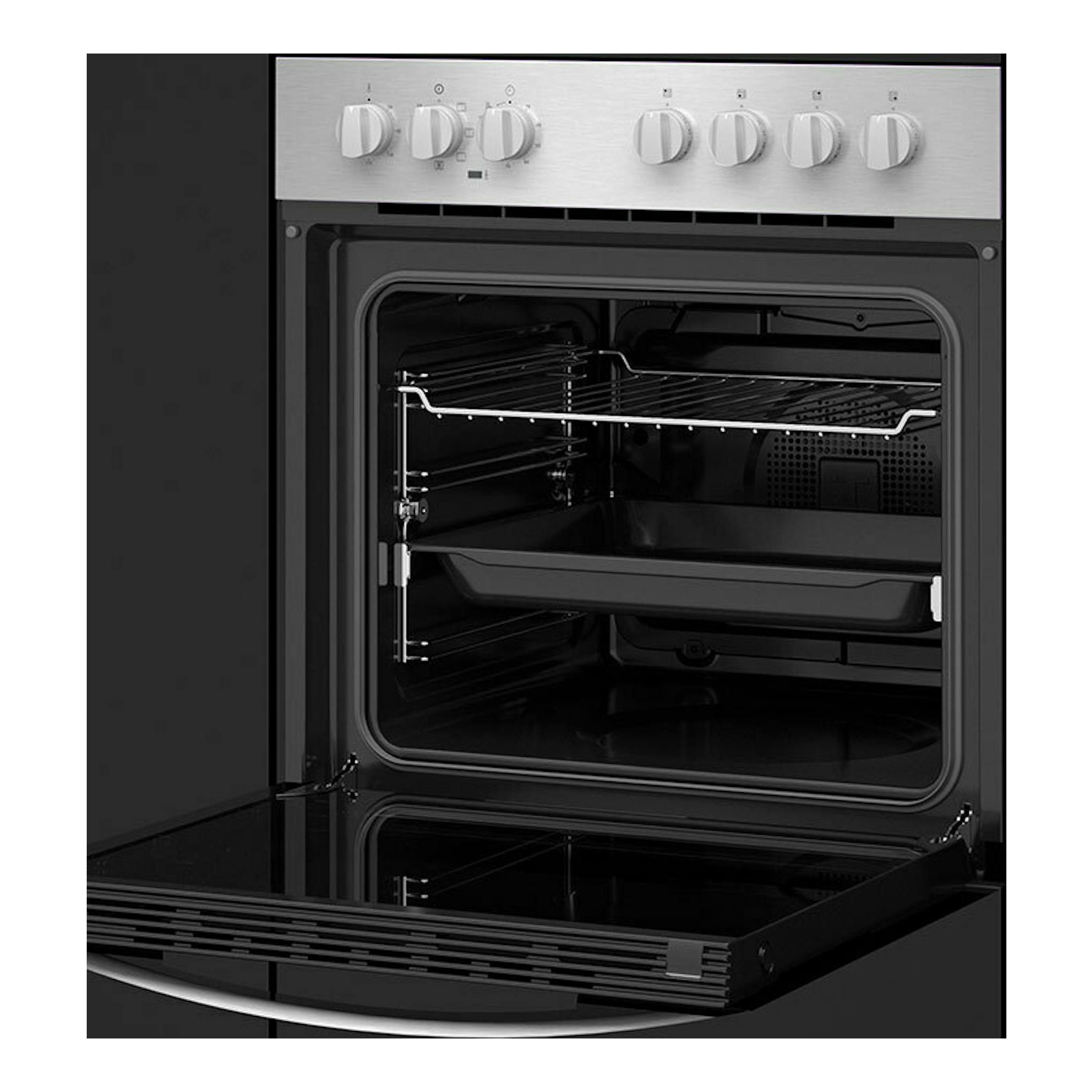 Horno Teka HBE 615 ME Inox, vista frontal con puerta abatible abierta, panel inoxidable y cavidad negra.