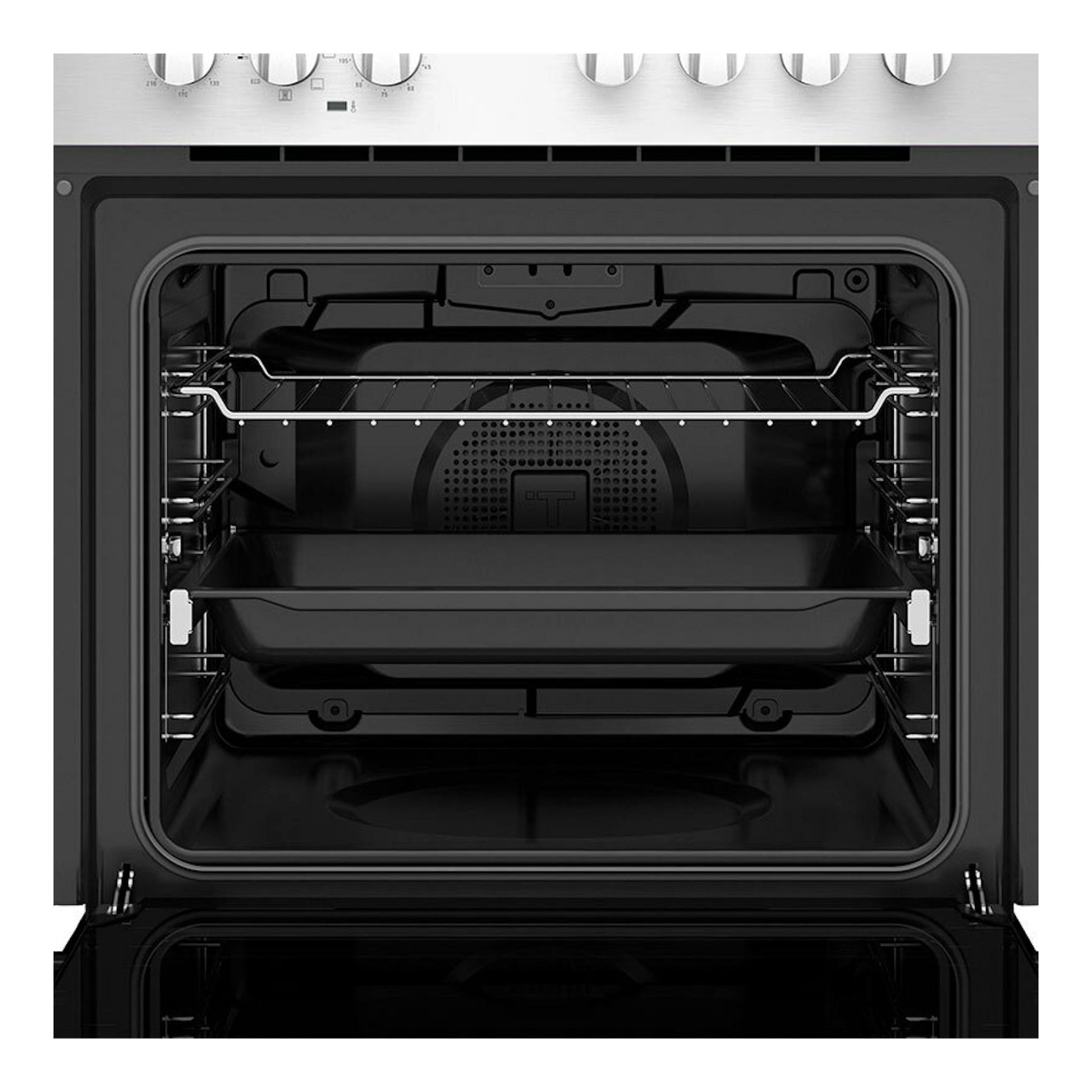 Horno Teka HBE 615 ME Inox, vista frontal abierta, interior negro y panel superior de acero inoxidable.