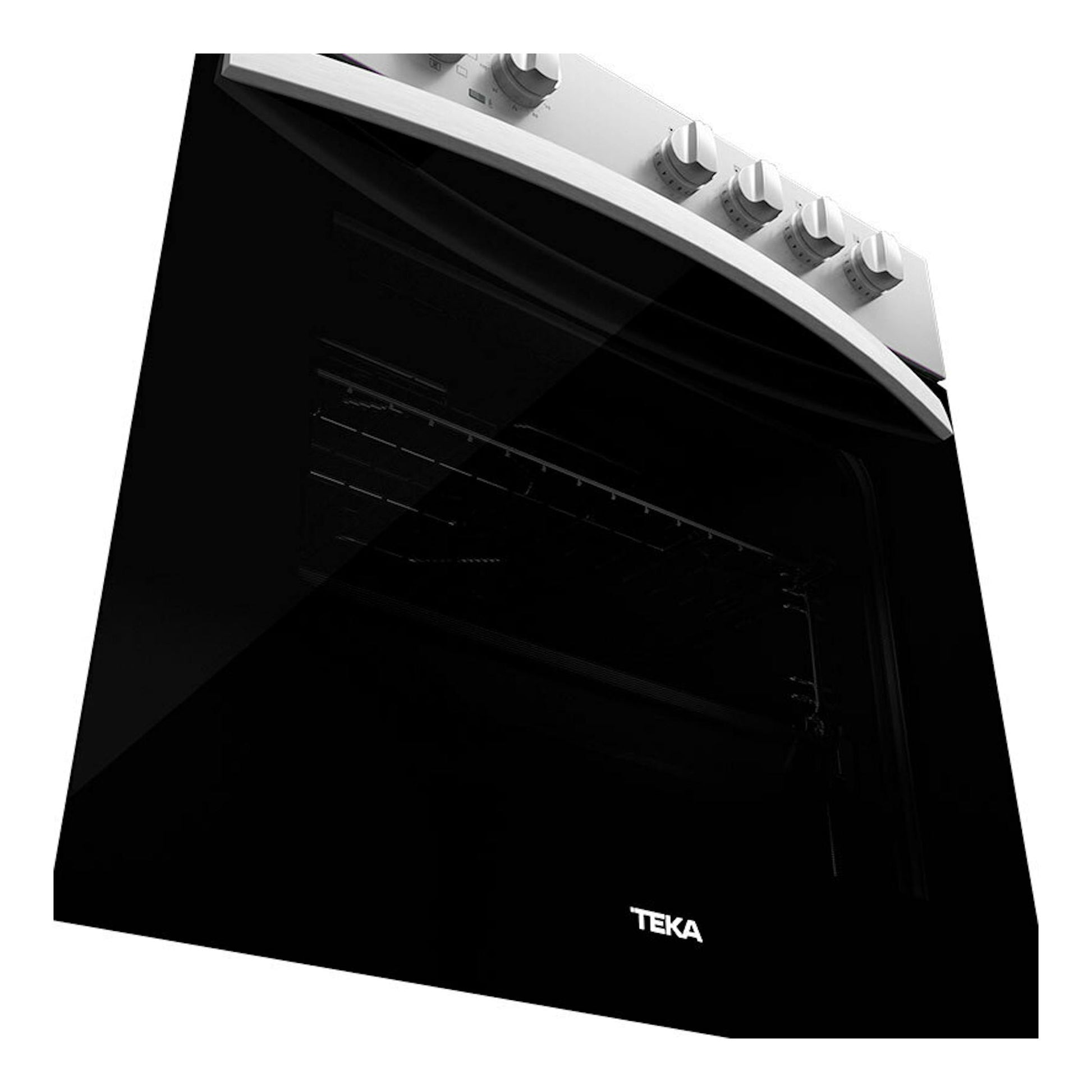 Horno Teka HBE 615 ME Inox, vista frontal en ángulo, puerta negra y panel superior inox con mandos.