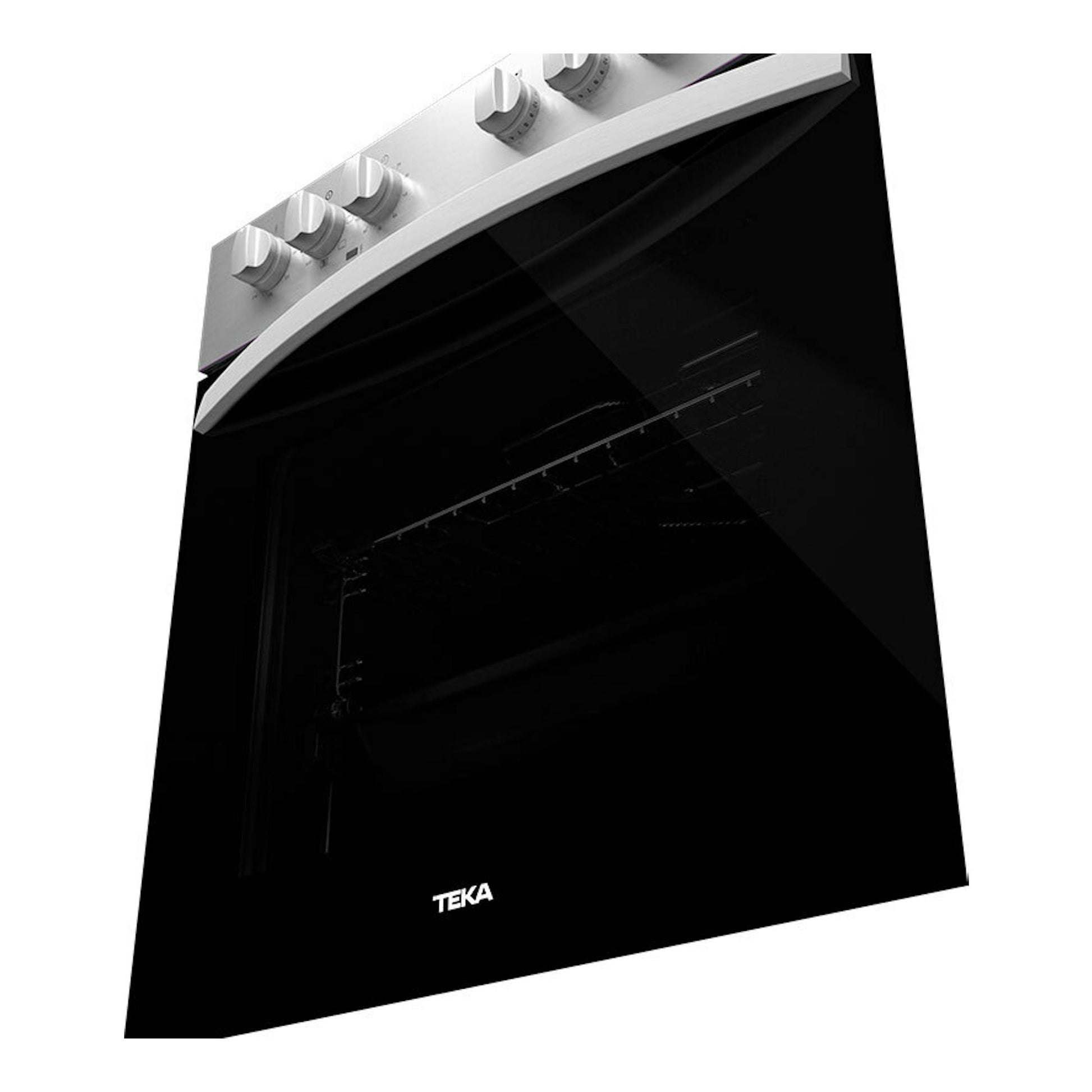 Horno Teka HBE 615 ME inox, vista frontal en ángulo, con puerta negra y mandos plateados.