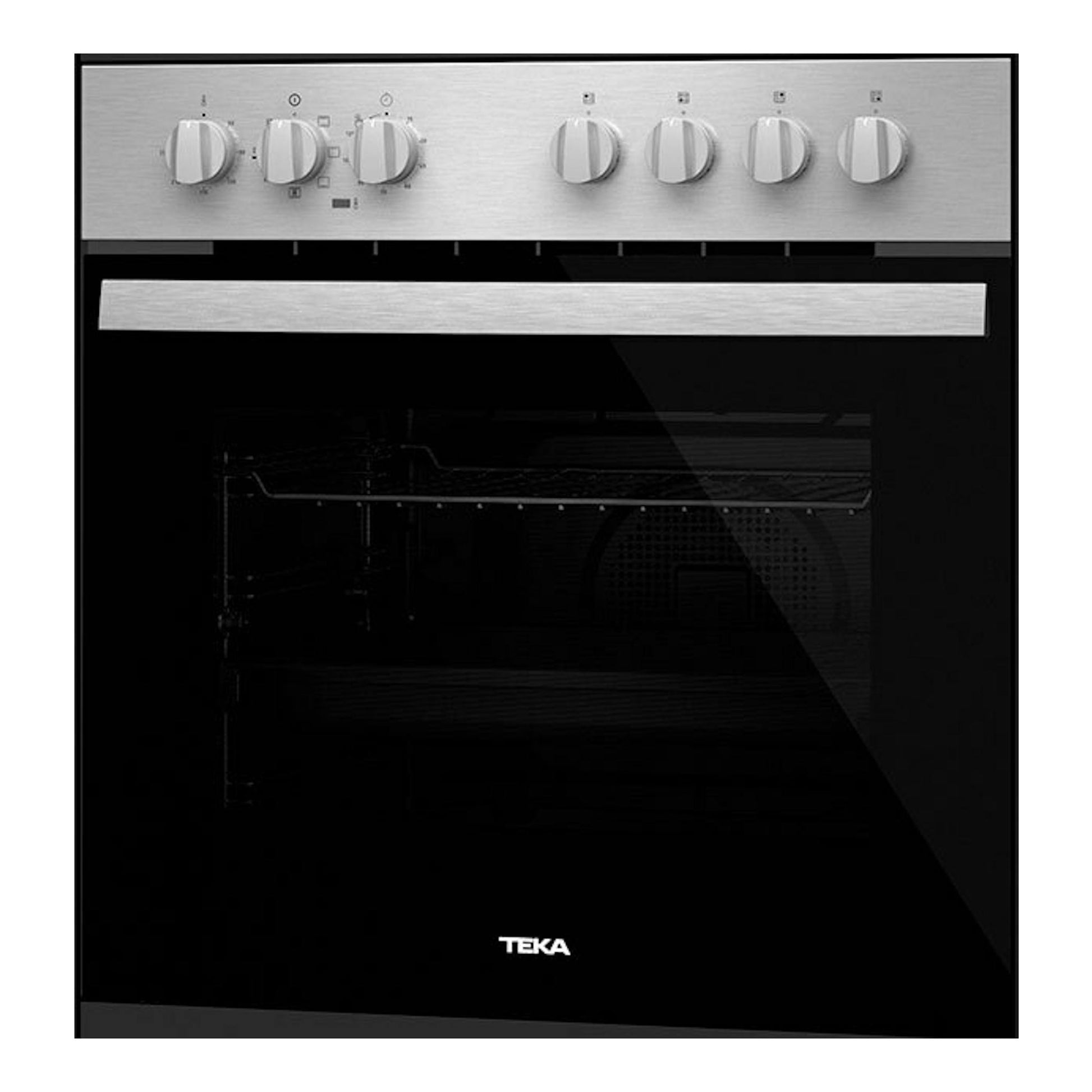 Horno Teka HBE 615 ME Inox, vista frontal, panel de acero inoxidable con mandos y puerta de vidrio negro.