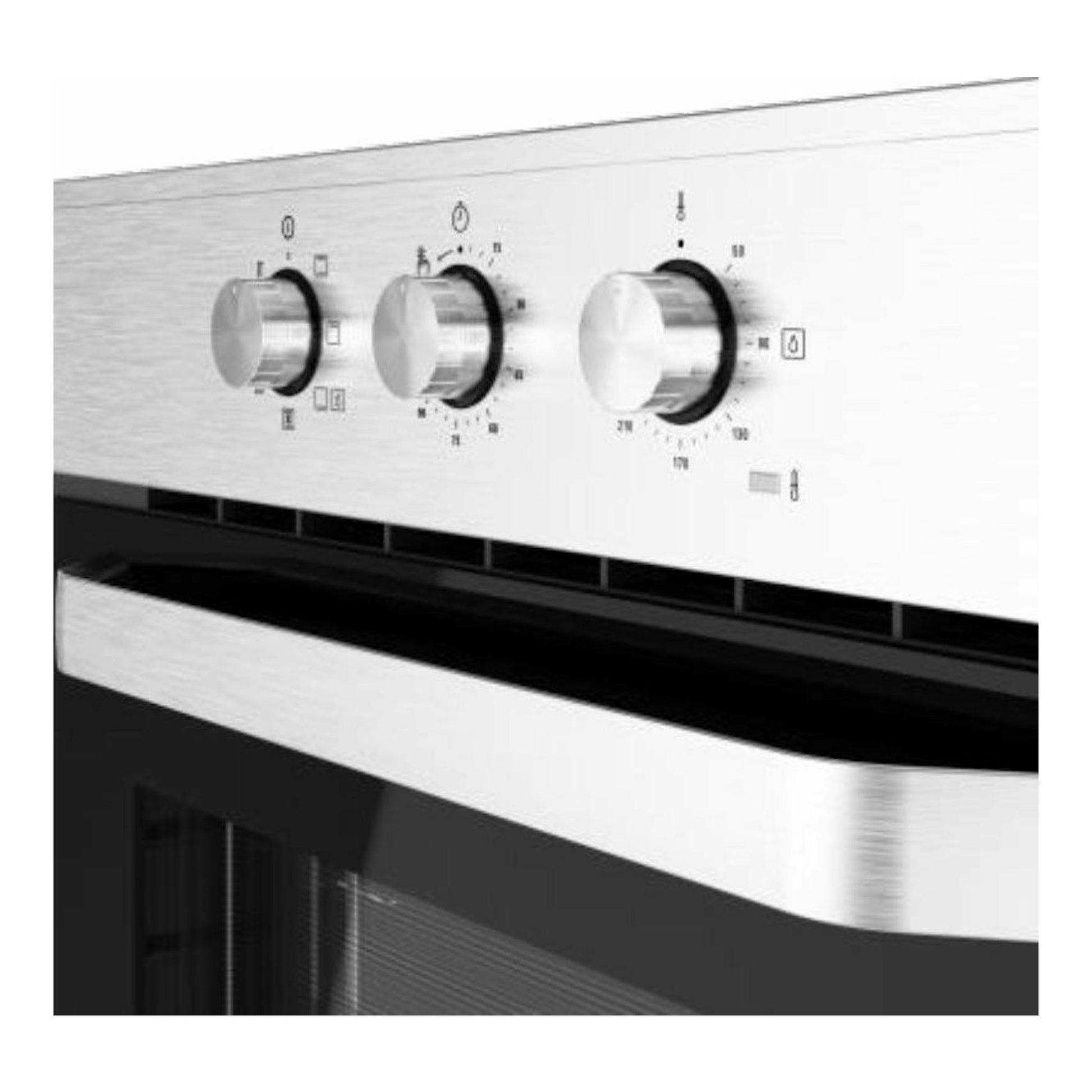 Horno Teka HCB 6525 Inox, vista frontal parcial, acabado acero inoxidable, tres mandos y puerta negra.