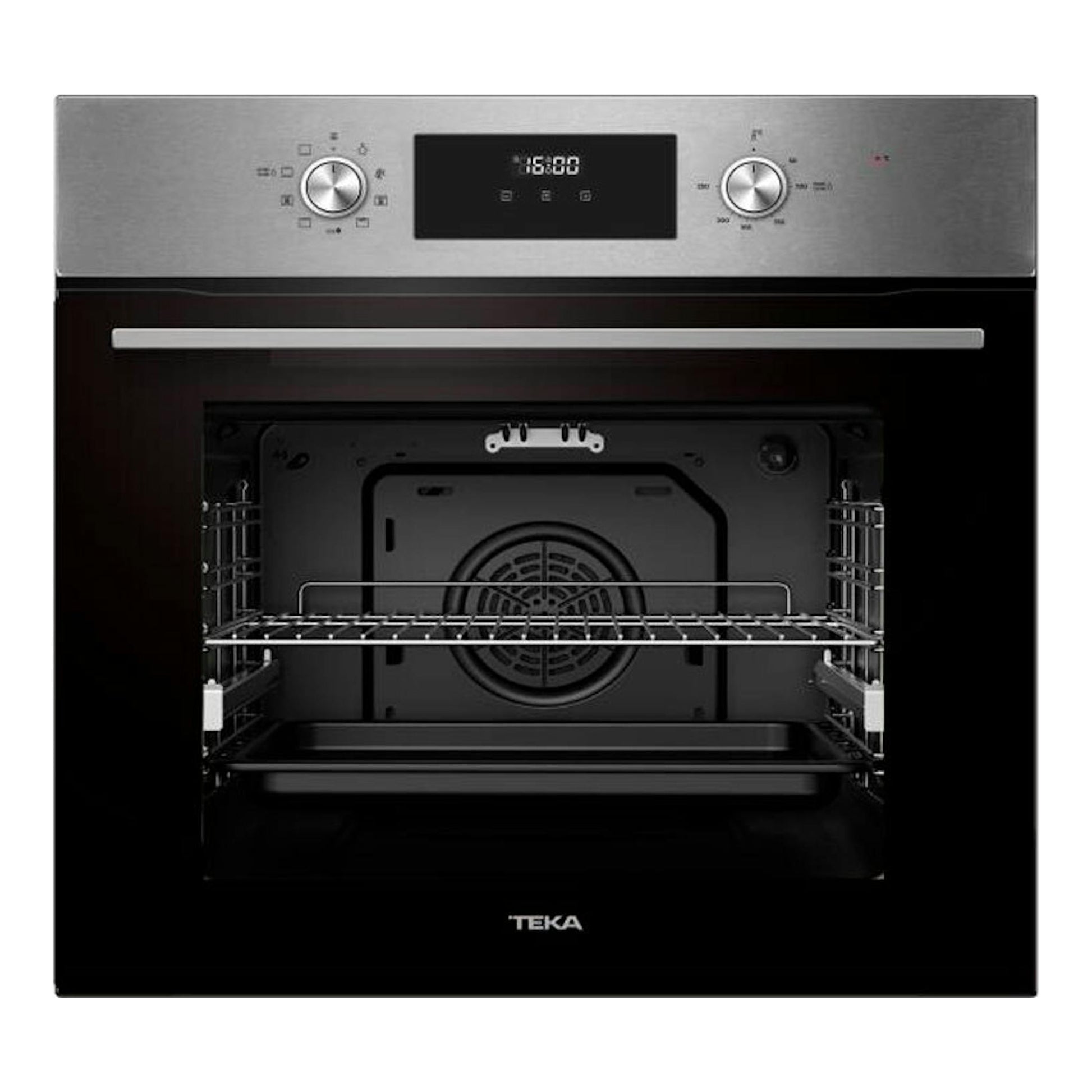 Horno Teka HCB6375 Inox, vista frontal con puerta abierta, panel de acero inoxidable y cavidad negra.