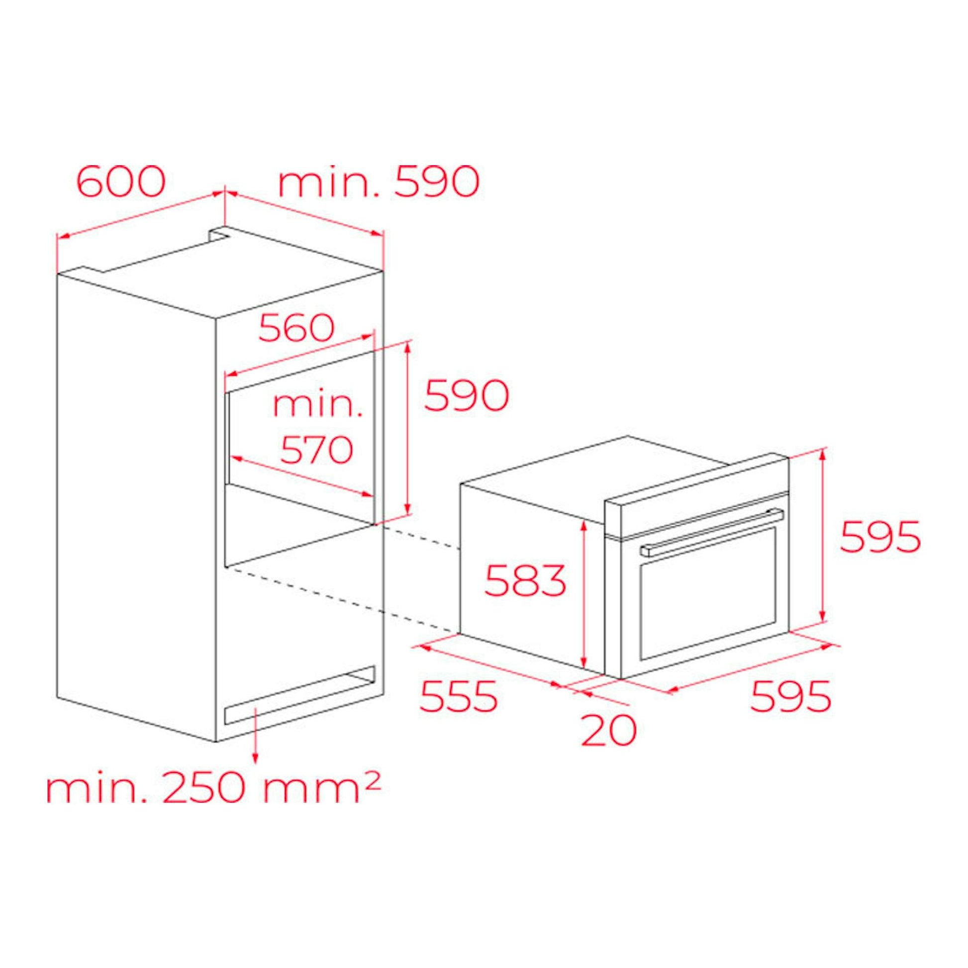 Diagrama de instalación del horno Teka HCB6375 Inox, vista en perspectiva con medidas en rojo.