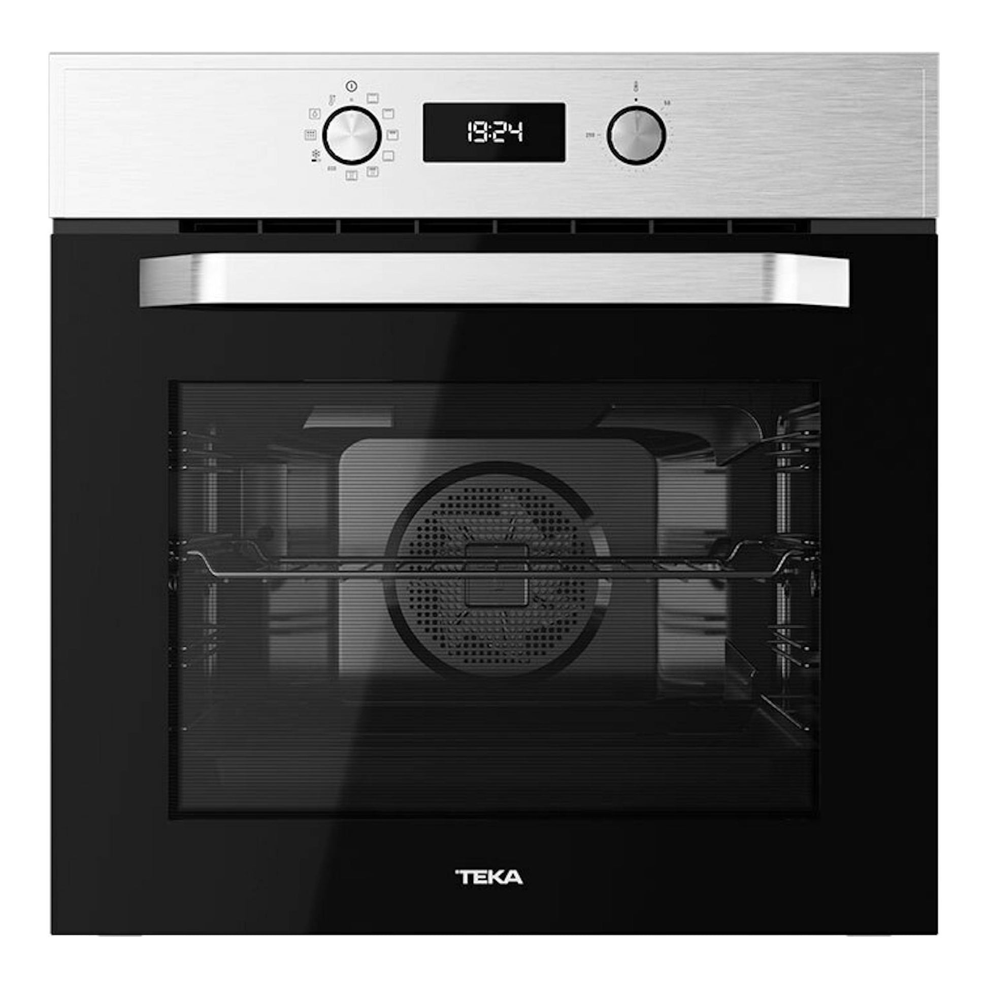 Horno Teka HCB6530P inox, vista frontal, puerta negra y panel superior en acero inoxidable con display digital.