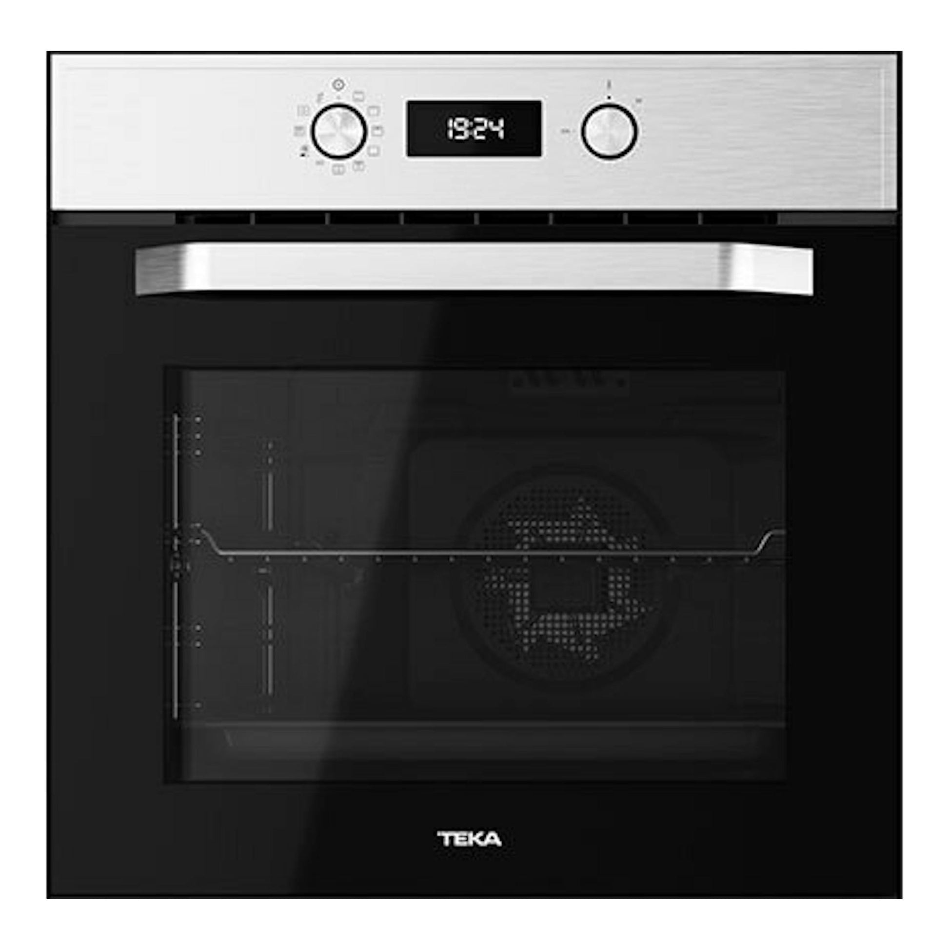 Horno empotrable Teka HCB6530P inox, vista frontal, panel negro con mandos y frontal de acero inoxidable.