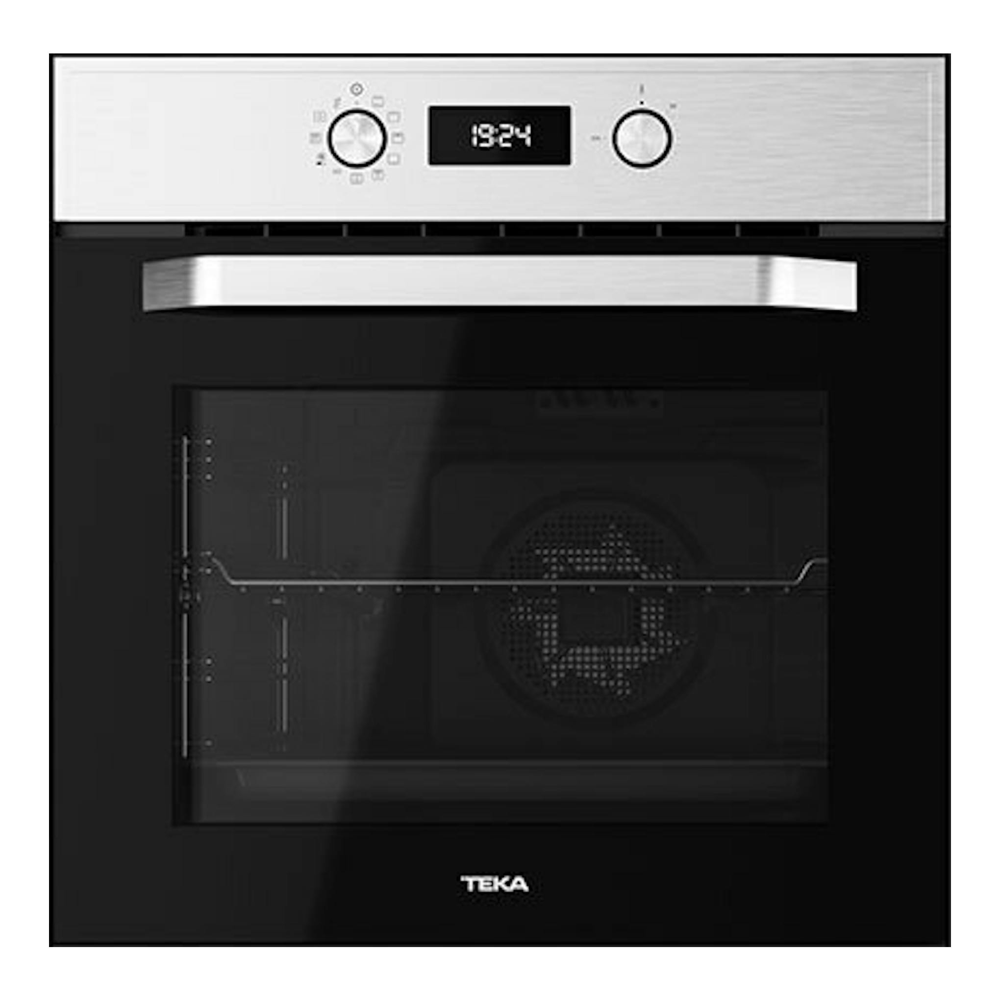 Horno empotrable Teka HCB6530P inox, vista frontal, panel negro con mandos y frontal de acero inoxidable.