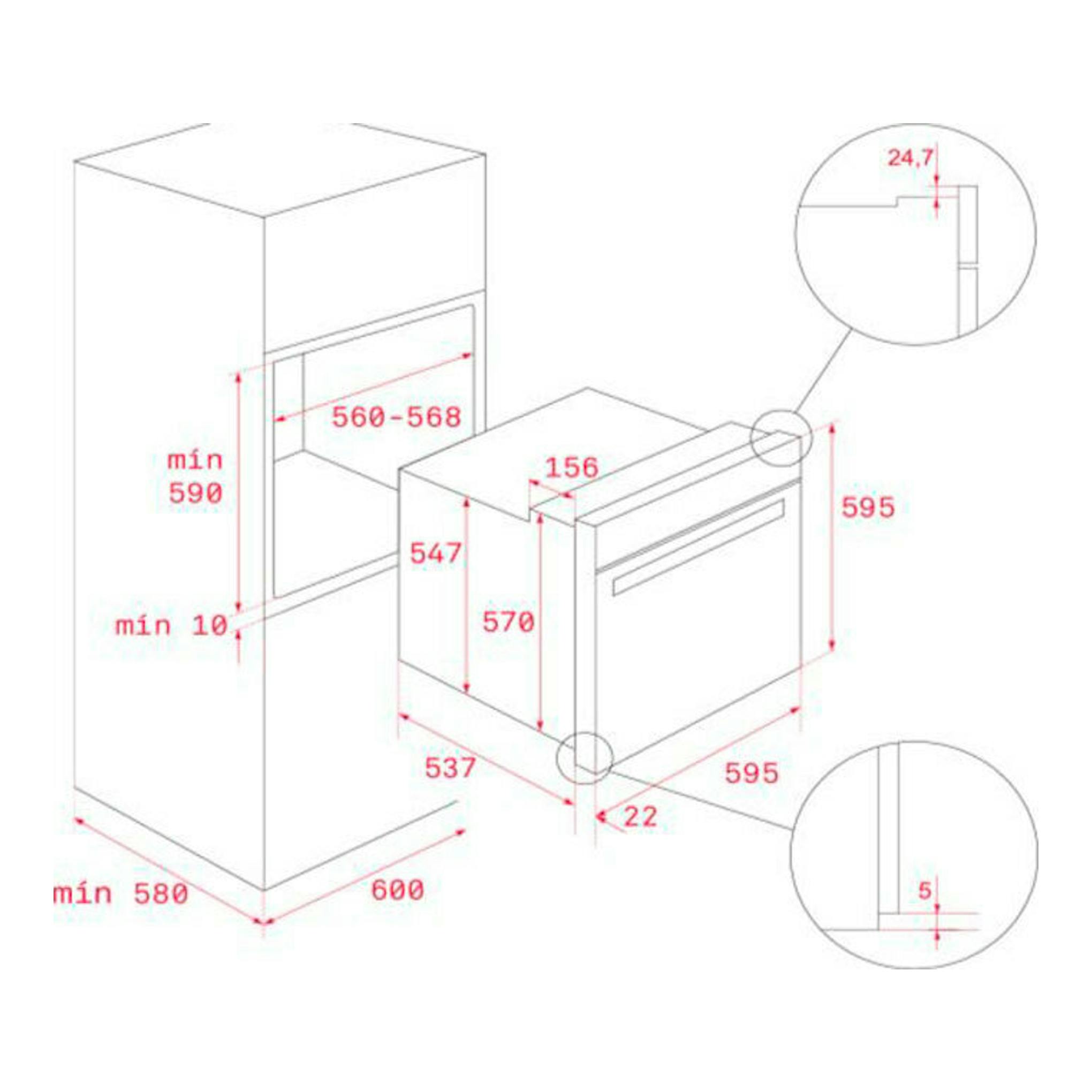 Teka HCB6530P inox: diagrama de instalación de horno empotrado, vista en perspectiva con medidas.