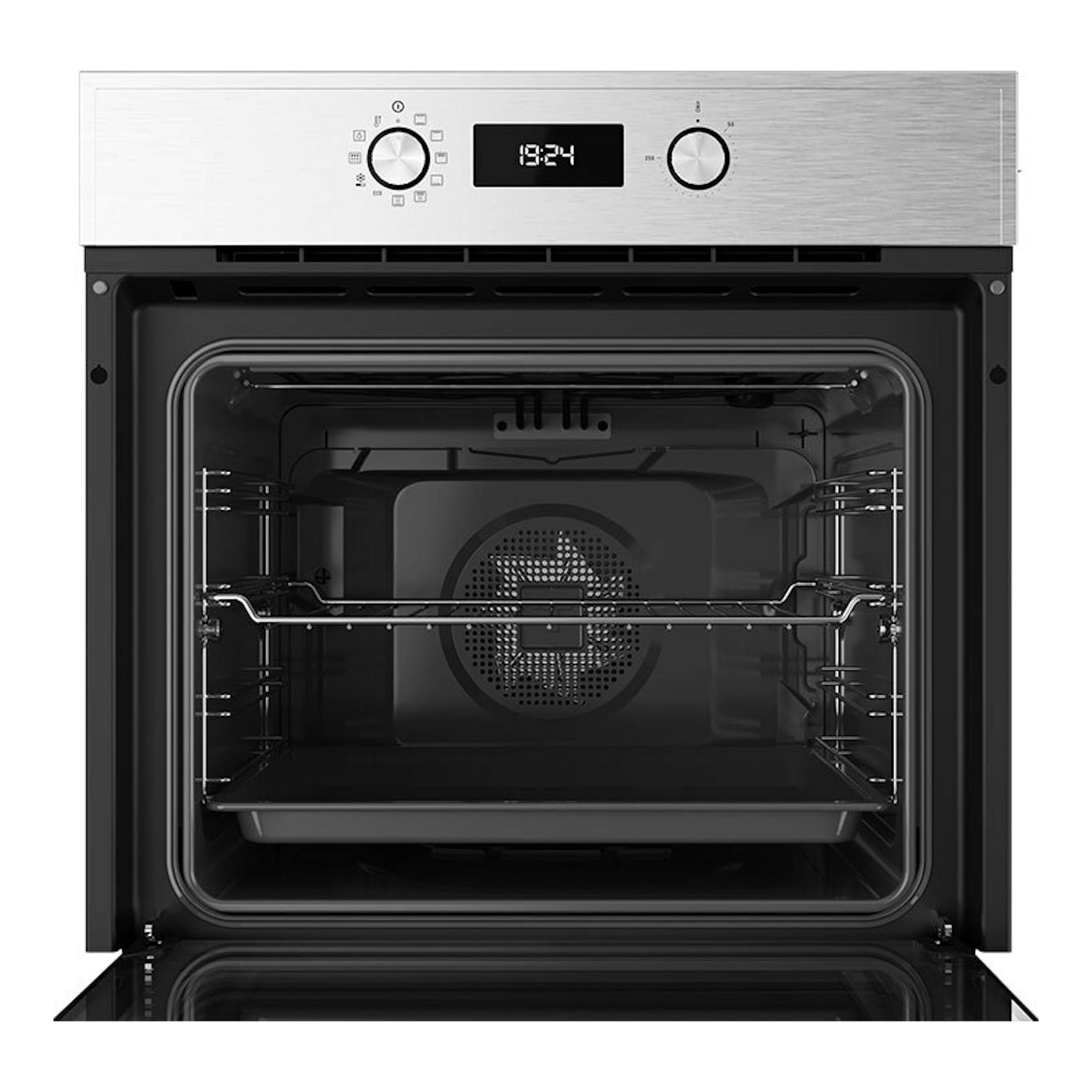 Horno Teka HCB6530P inox, vista frontal con puerta abierta, panel digital y dos mandos, interior negro.