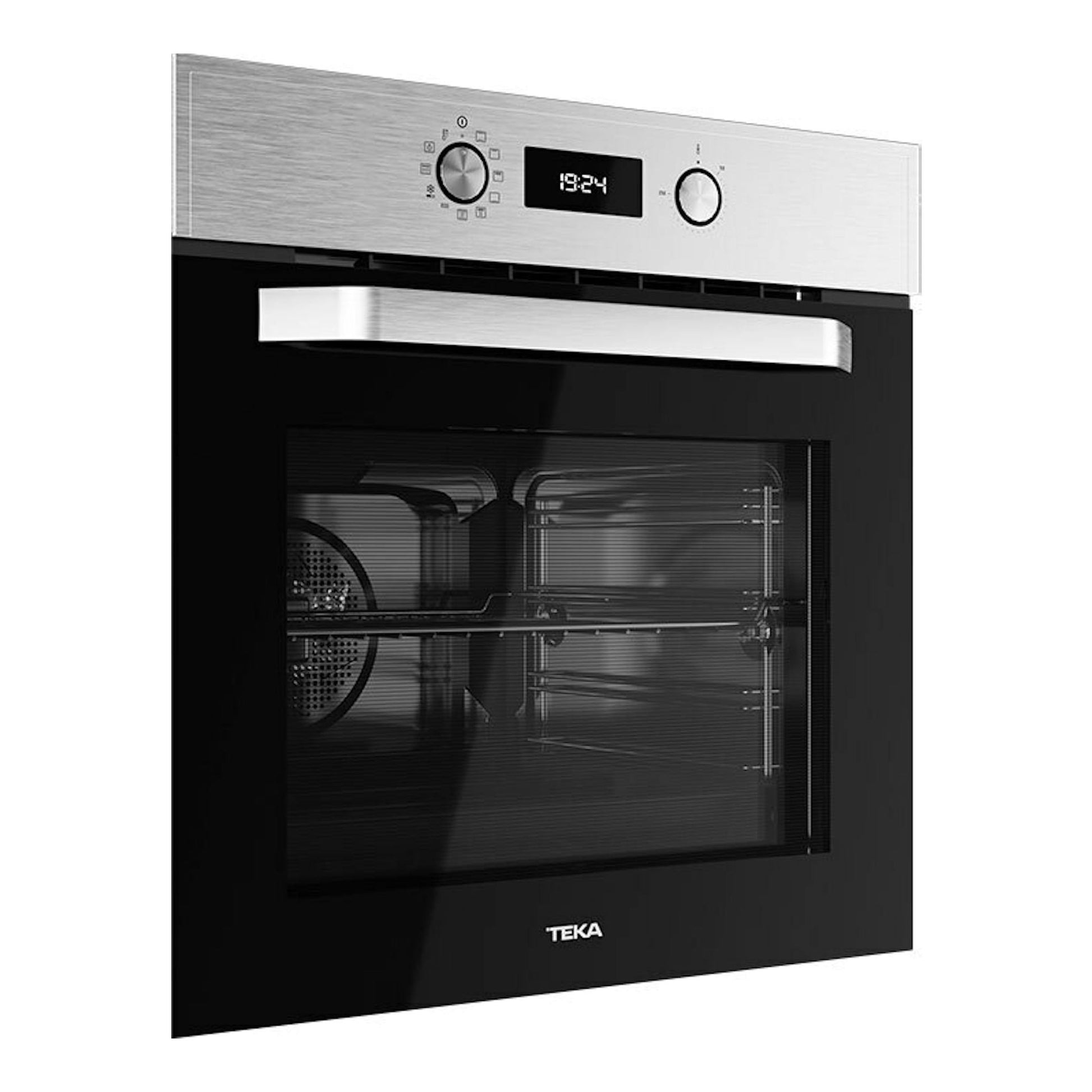 Horno Teka HCB6530P inox, vista frontal en ángulo, puerta negra con panel superior de acero inoxidable.
