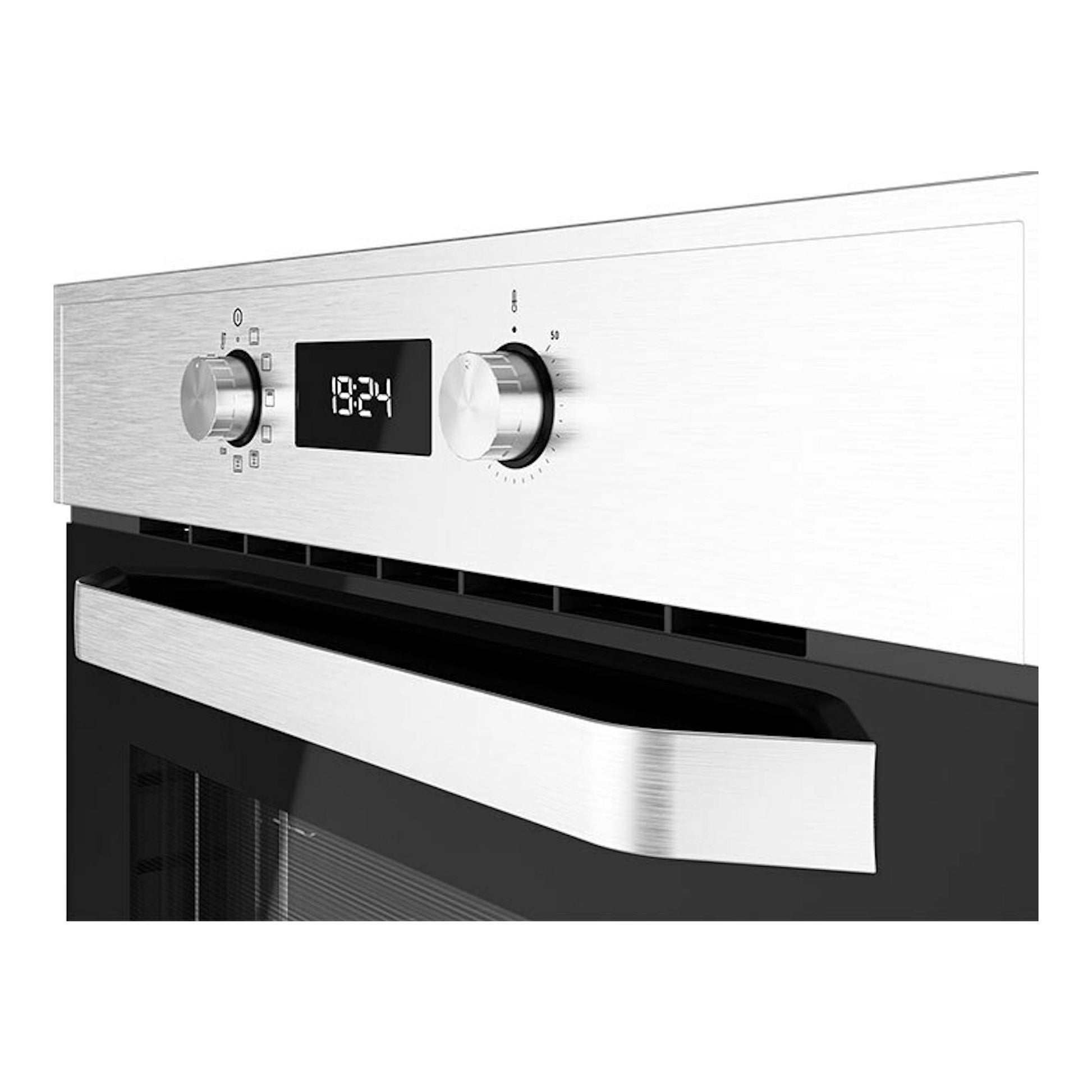 Horno Teka HCB6530P inox, vista frontal inclinada, panel de acero inoxidable, pantalla digital y puerta negra.