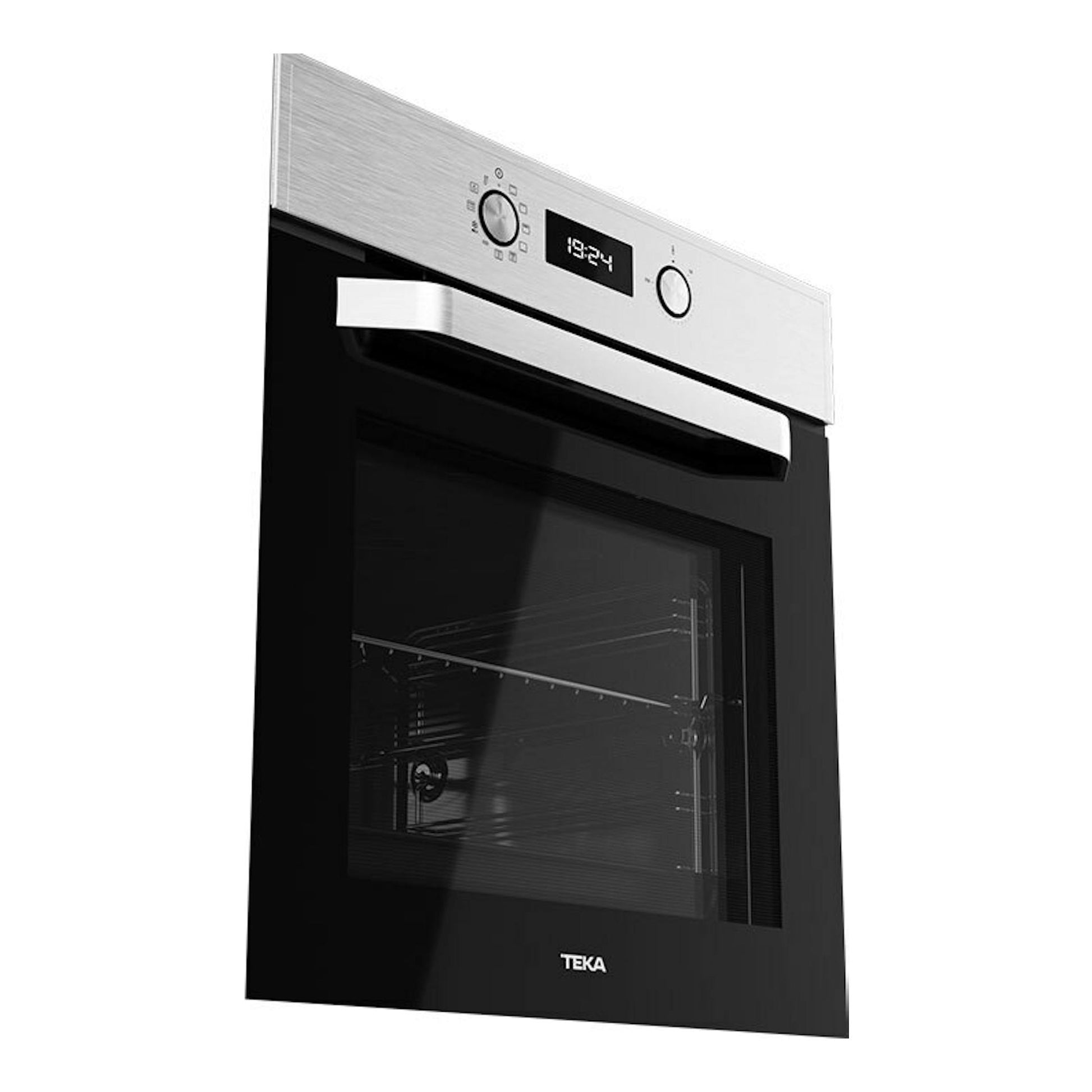 Horno Teka HCB6530P inox, vista frontal en ángulo, puerta de cristal negro y panel superior de acero inoxidable.