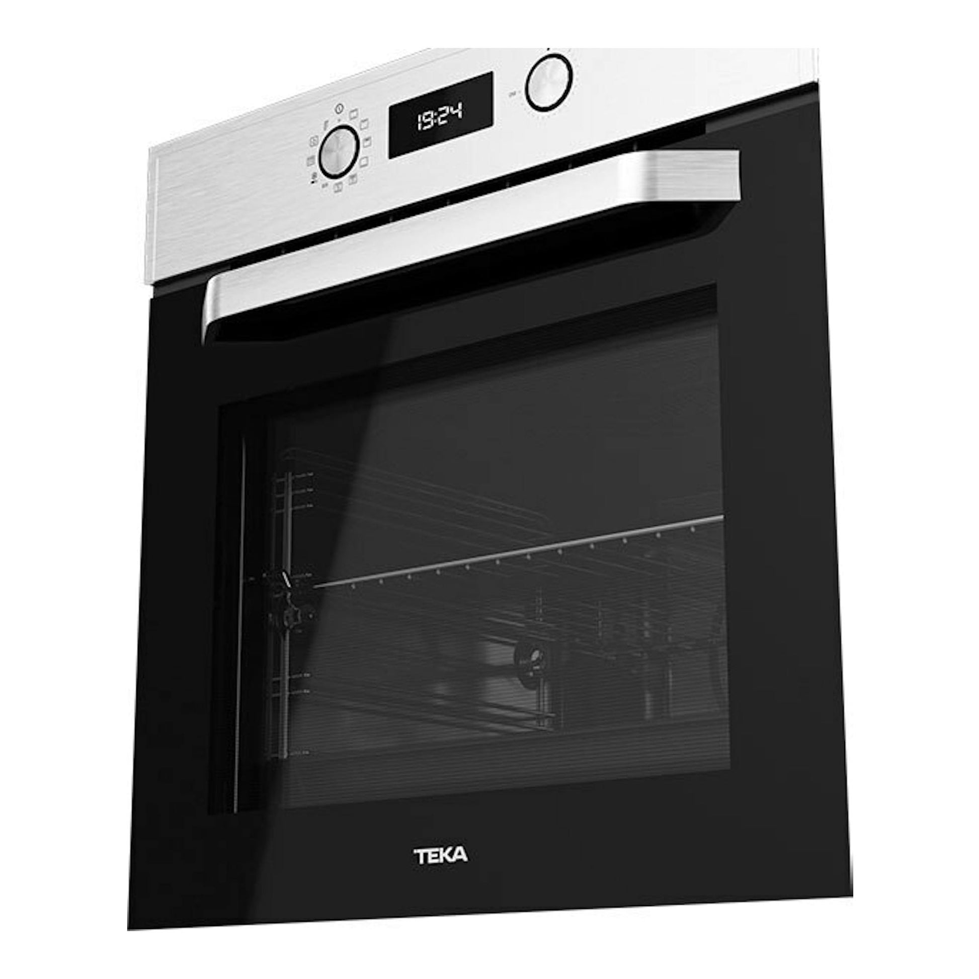 Horno Teka HCB6530P inox, vista frontal inclinada, puerta de cristal negra y panel superior inoxidable.