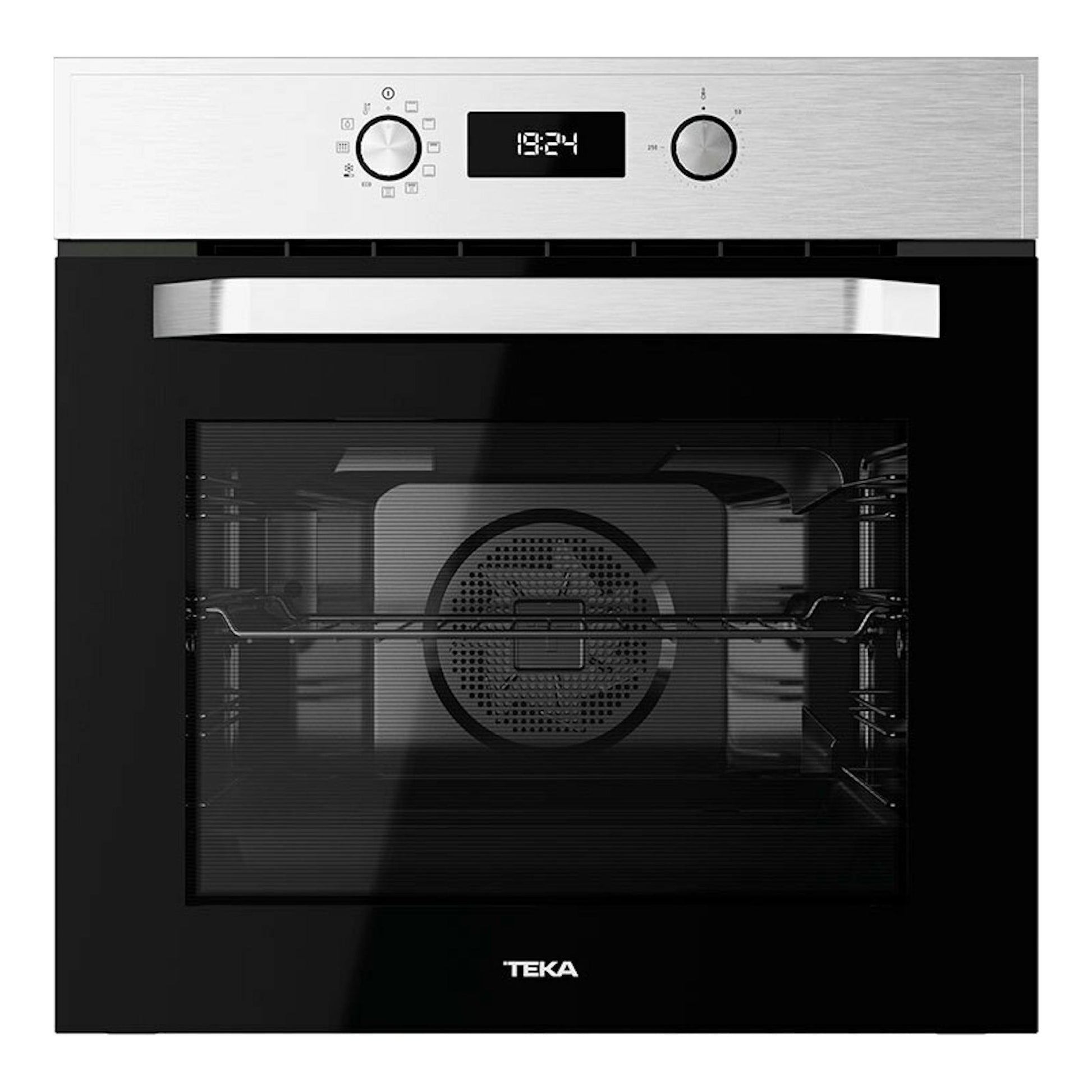 Horno Teka HCB6530P inox, vista frontal, puerta negra con panel superior inox y display digital.