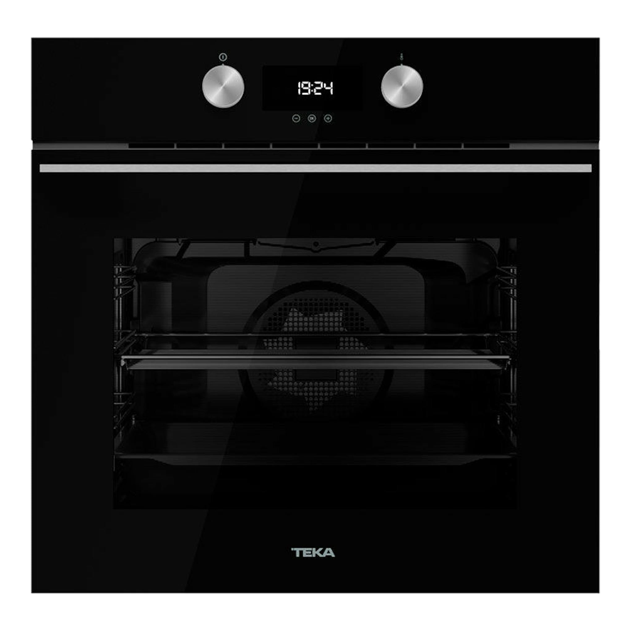 Horno empotrable Teka HLB8400 BK negro, vista frontal, con dos mandos plateados y display digital.