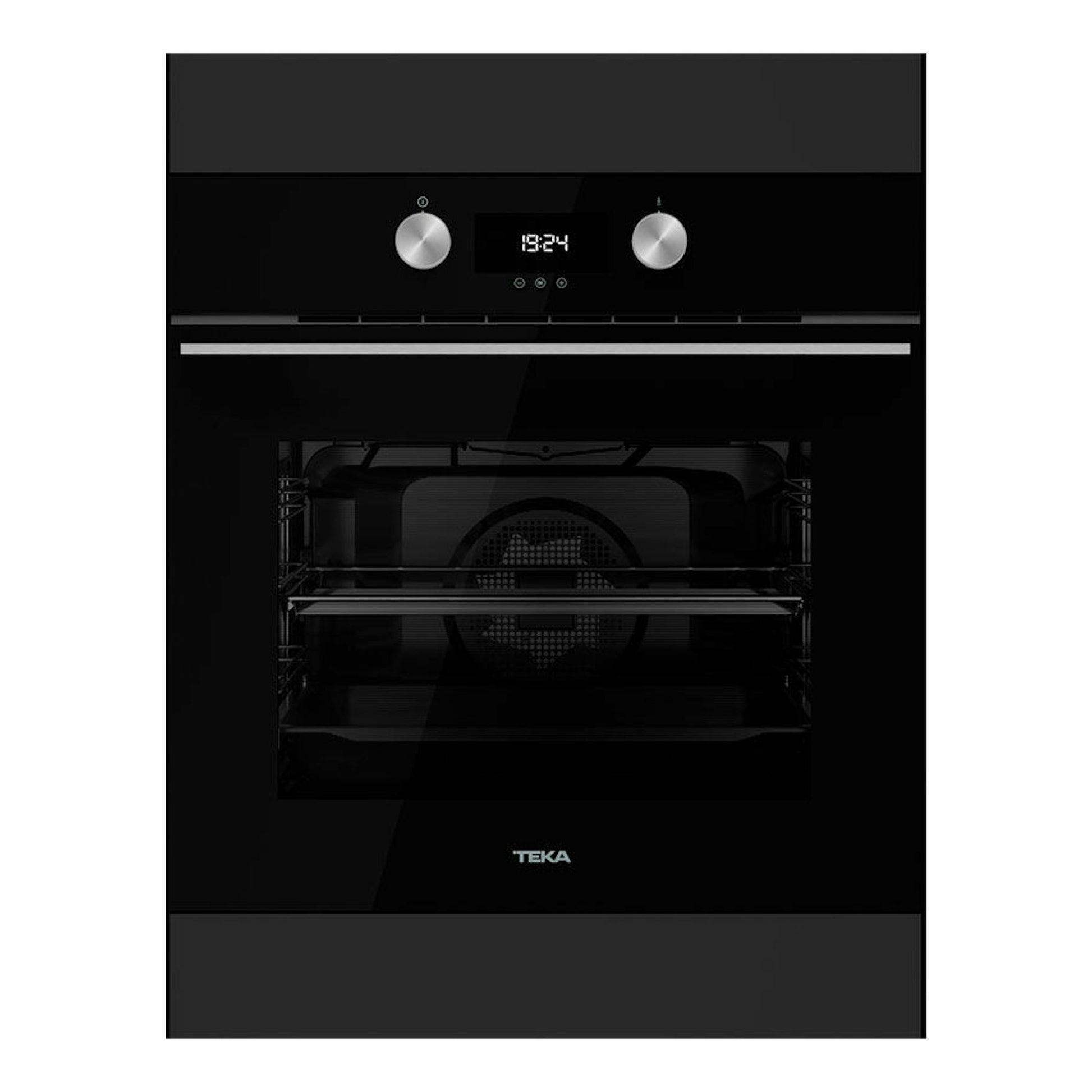 Horno empotrable Teka HLB8400 BK negro, vista frontal, con pantalla digital, dos mandos y puerta de cristal.