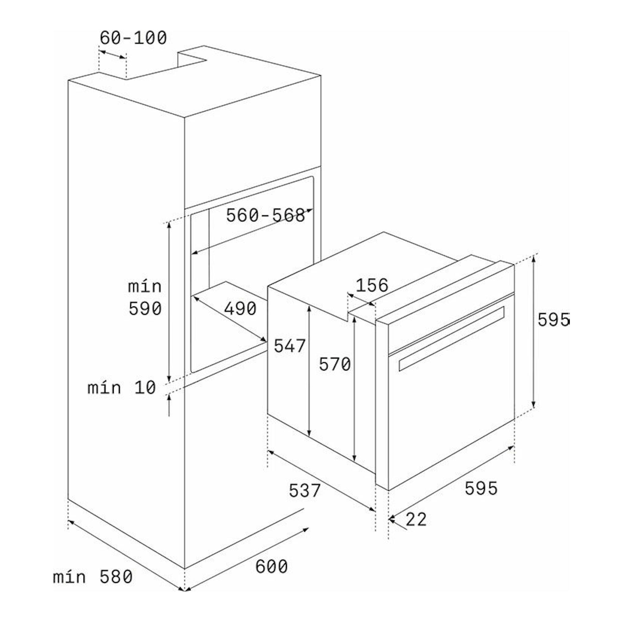 Diagrama isométrico de instalación del horno Teka HLB8400 BK negro, con medidas de empotramiento.