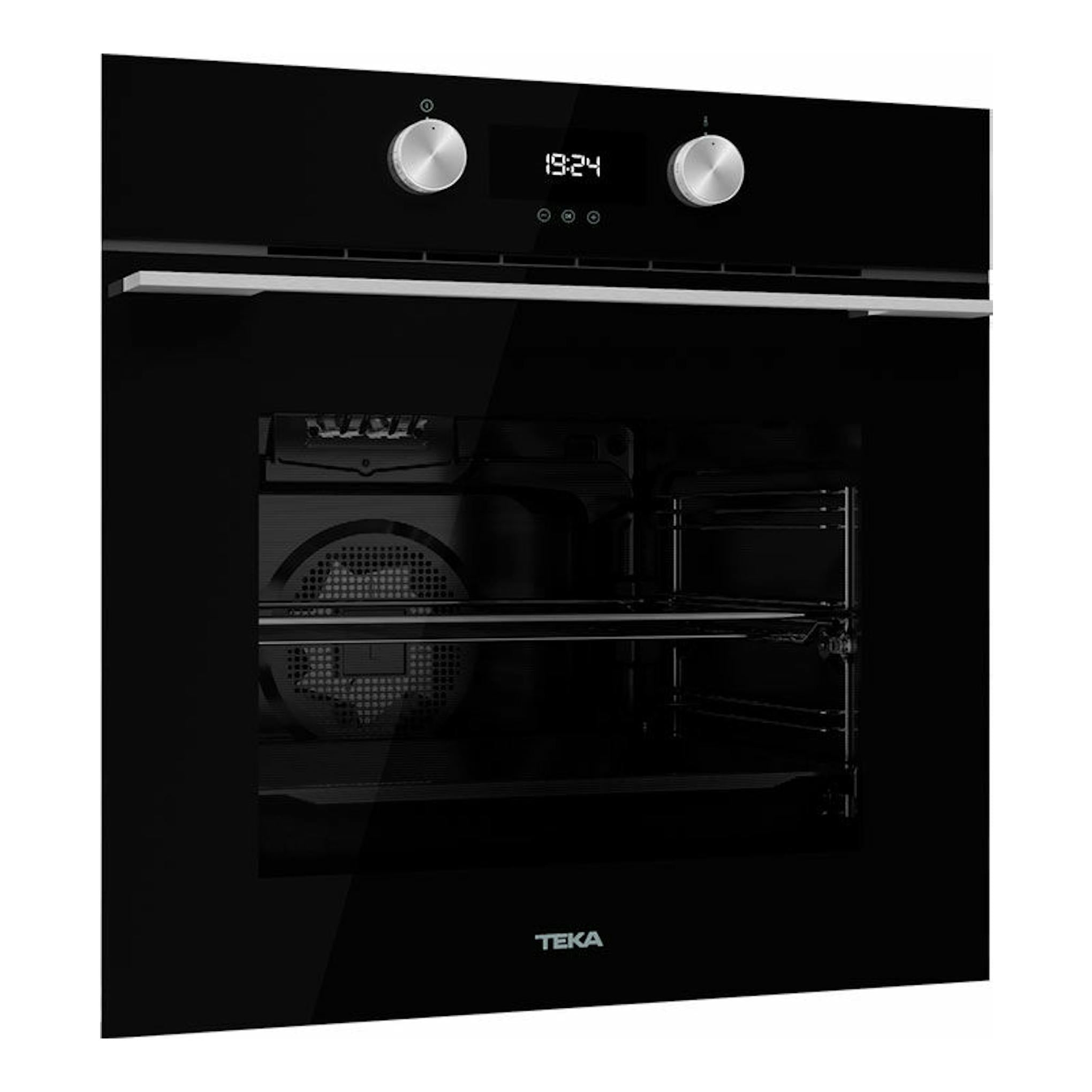 Horno empotrable Teka HLB8400 BK negro, vista frontal, con dos mandos y display digital.
