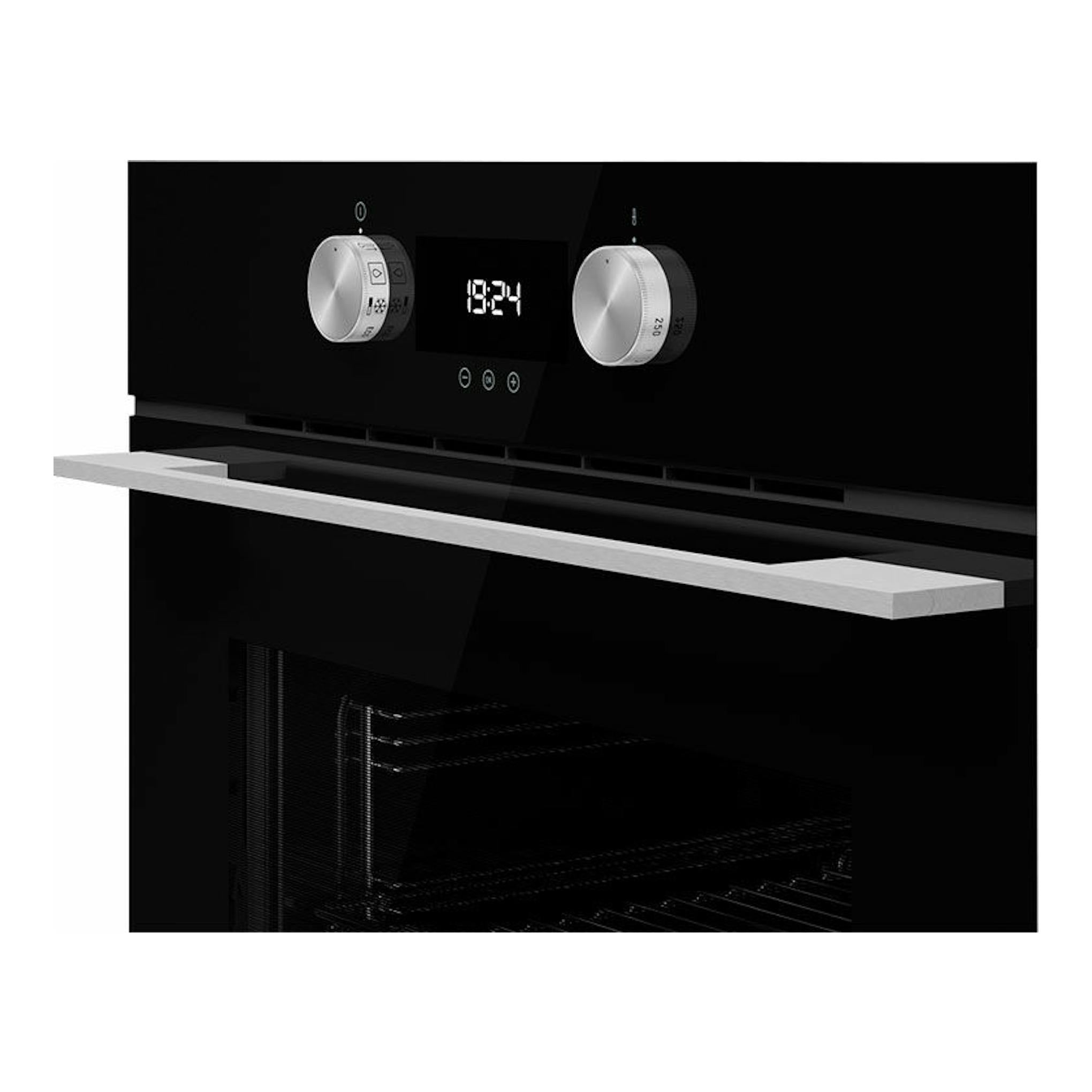 Horno Teka HLB8400 BK negro, vista frontal, con dos mandos plateados y display digital.