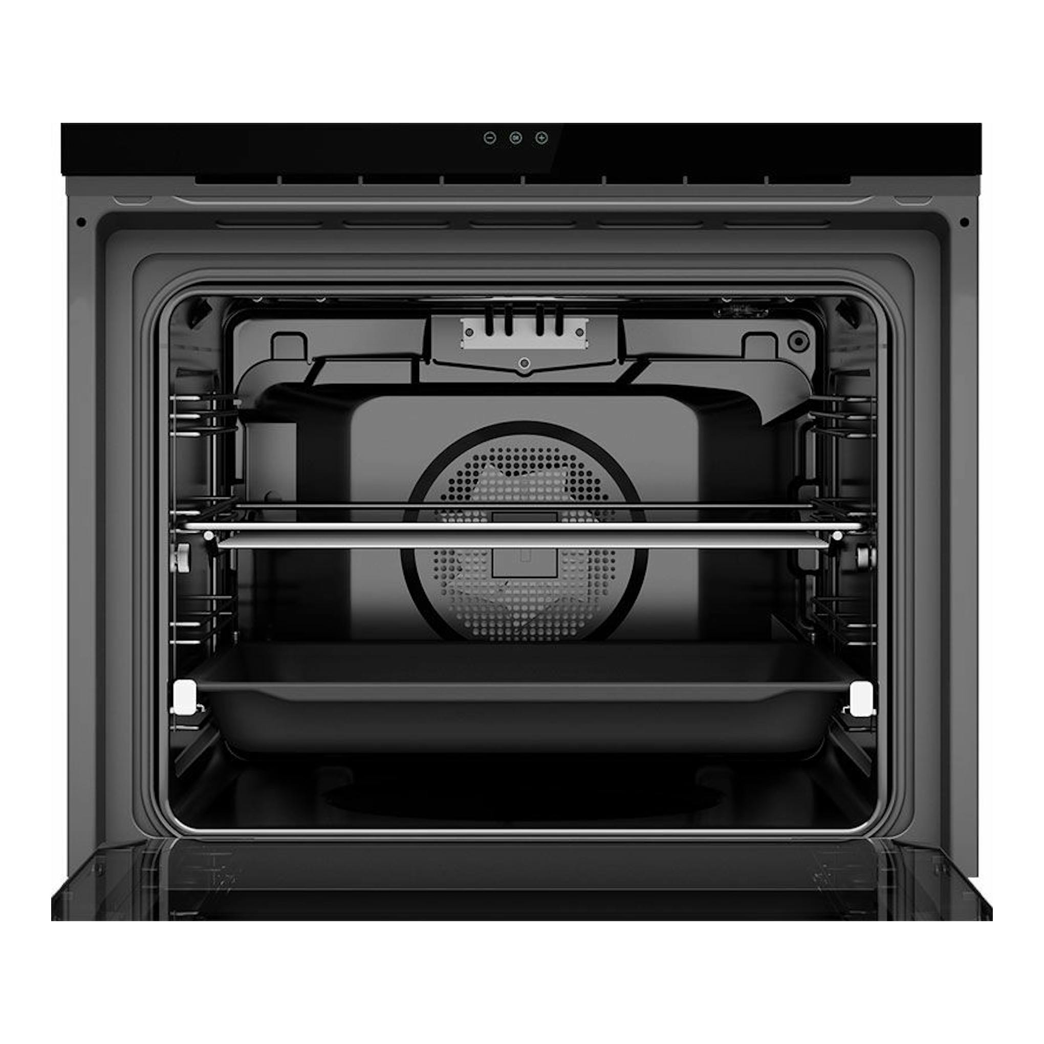 Horno empotrable Teka HLB8400 BK negro, vista frontal con la puerta abierta e interior visible.