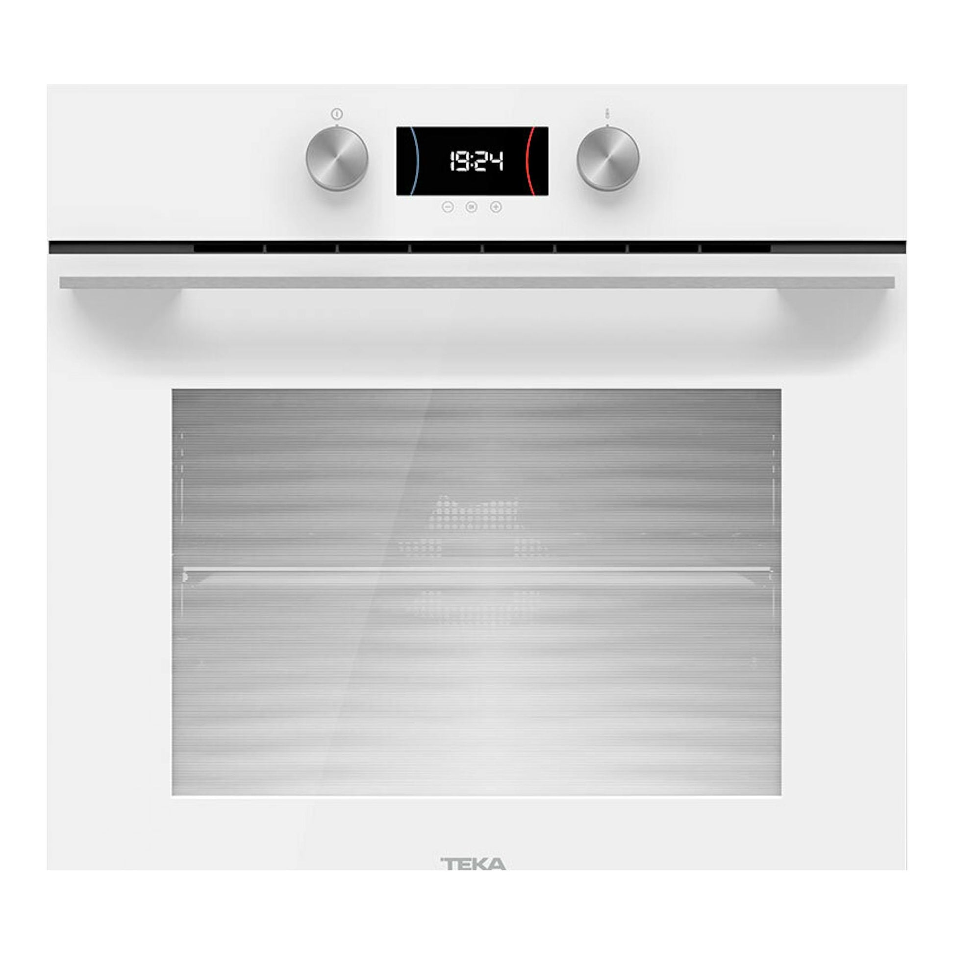 Horno Teka HLB8400 WH blanco, vista frontal, con dos mandos plateados y pantalla digital central.