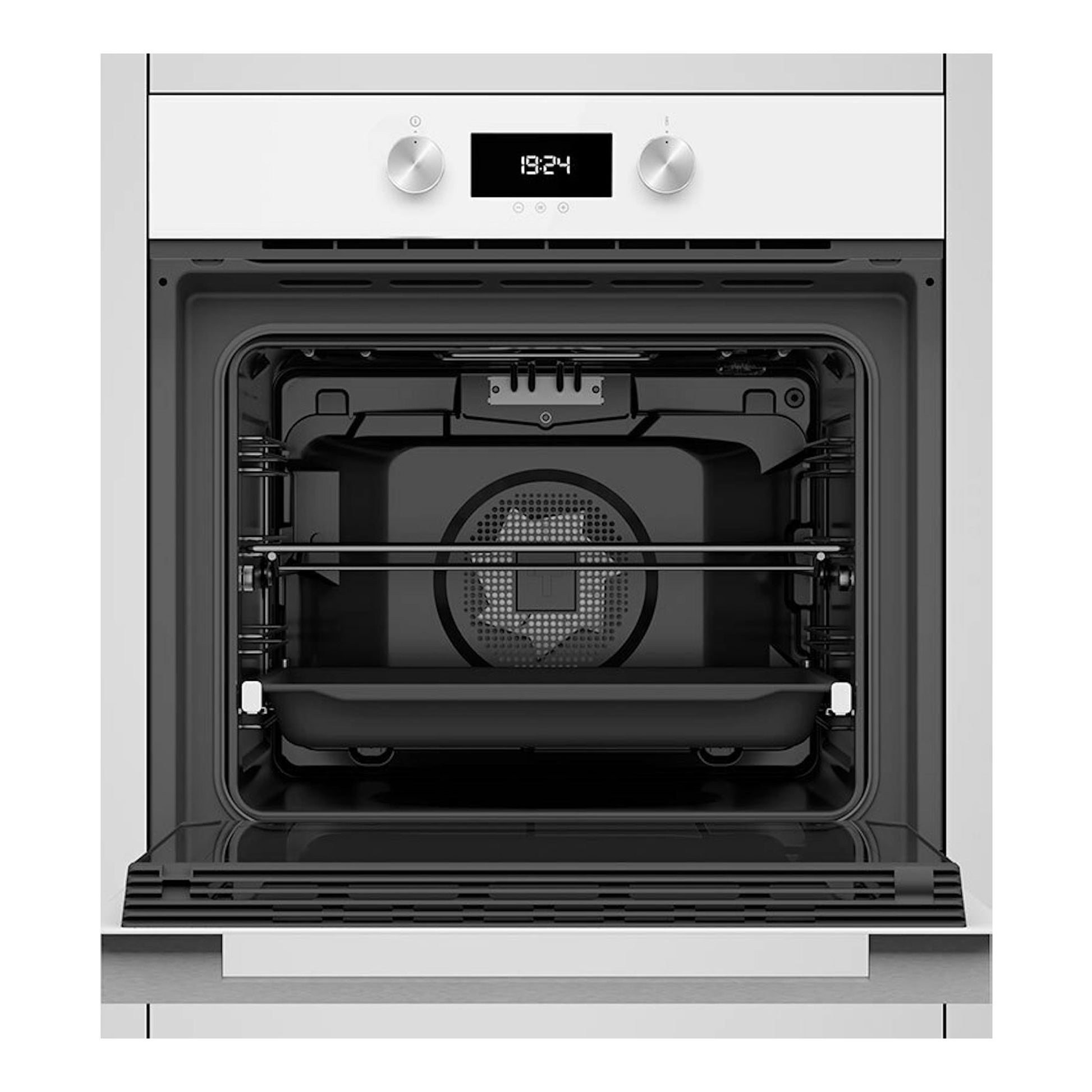 Horno Teka HLB8400 WH blanco, vista frontal con puerta abierta, panel digital y dos mandos.