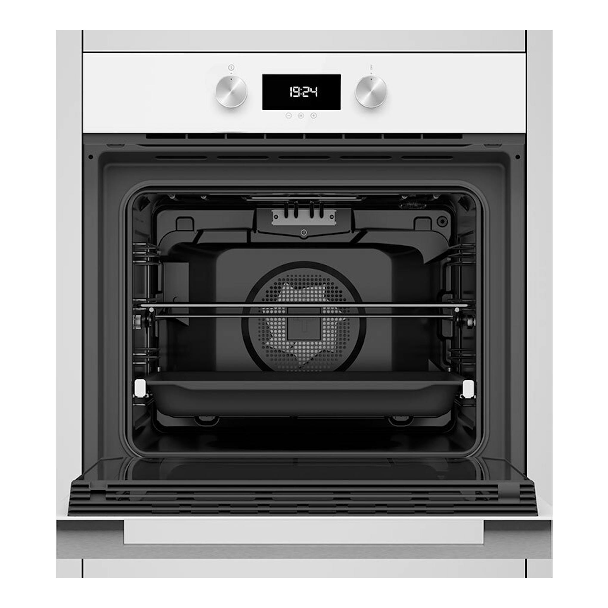 Horno Teka HLB8400 WH blanco, vista frontal con puerta abierta, panel digital y dos mandos.
