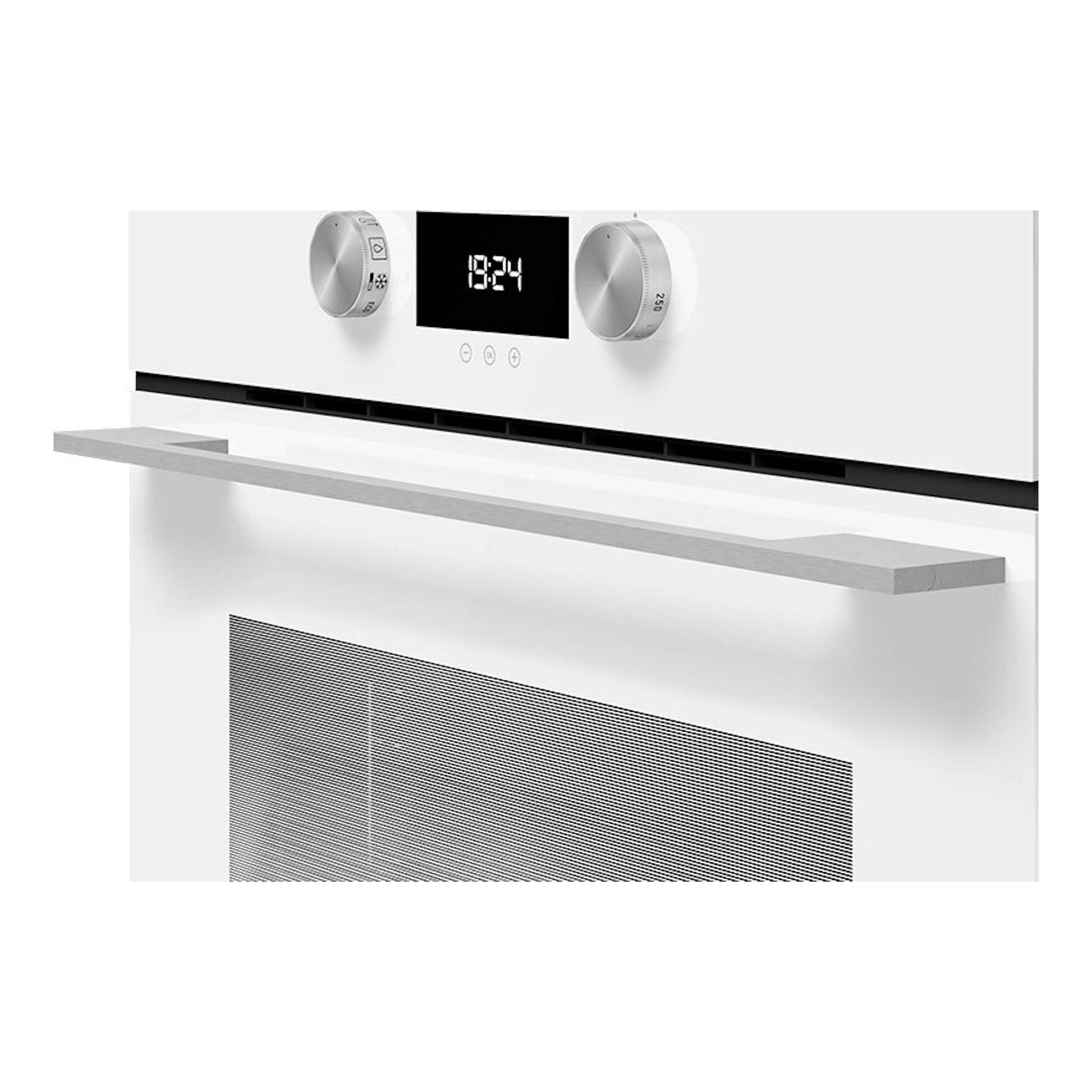 Horno Teka HLB8400 WH blanco, vista frontal, con mandos giratorios y display digital negro.