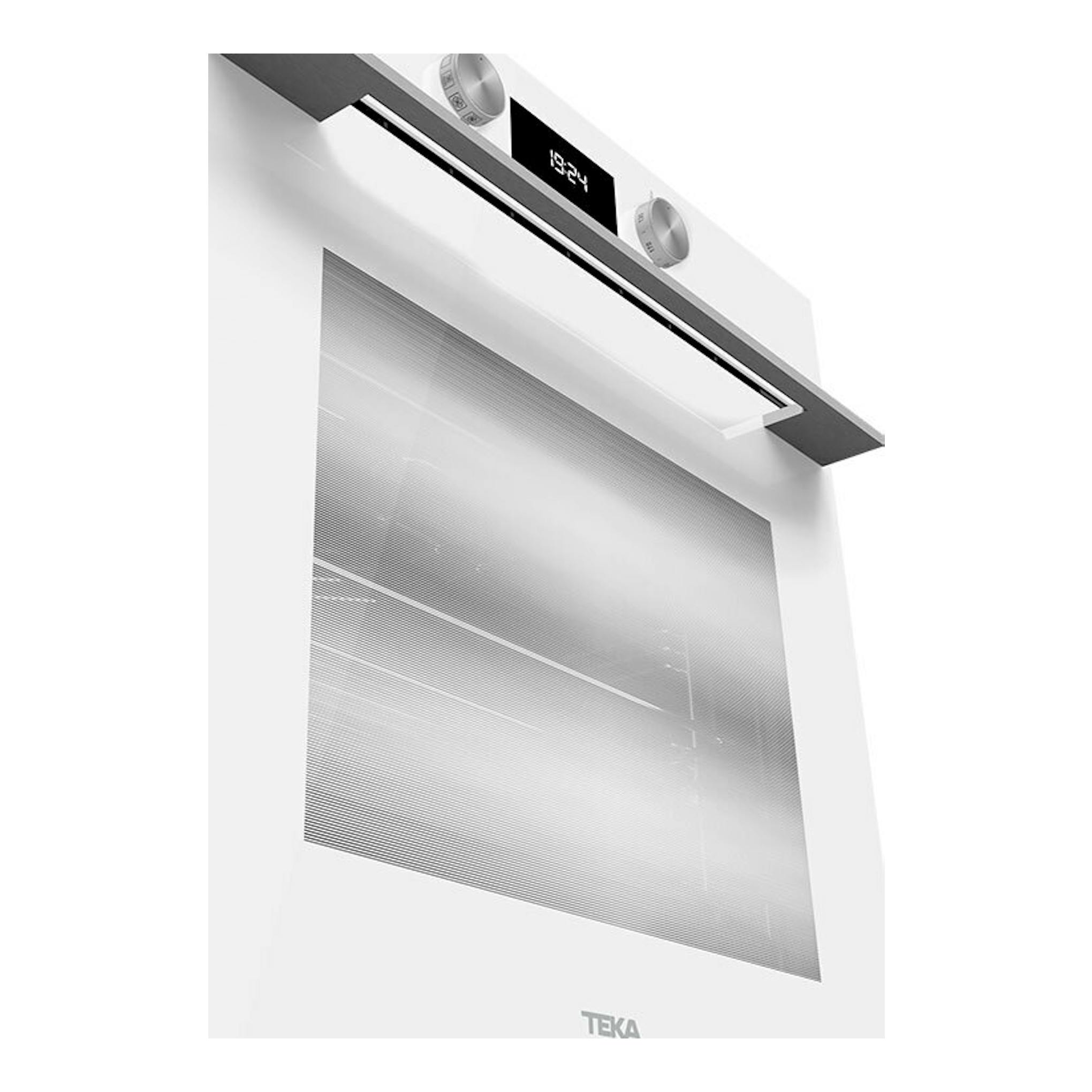 Horno Teka HLB8400 WH blanco, vista frontal en ángulo bajo, con puerta de cristal y mandos superiores.