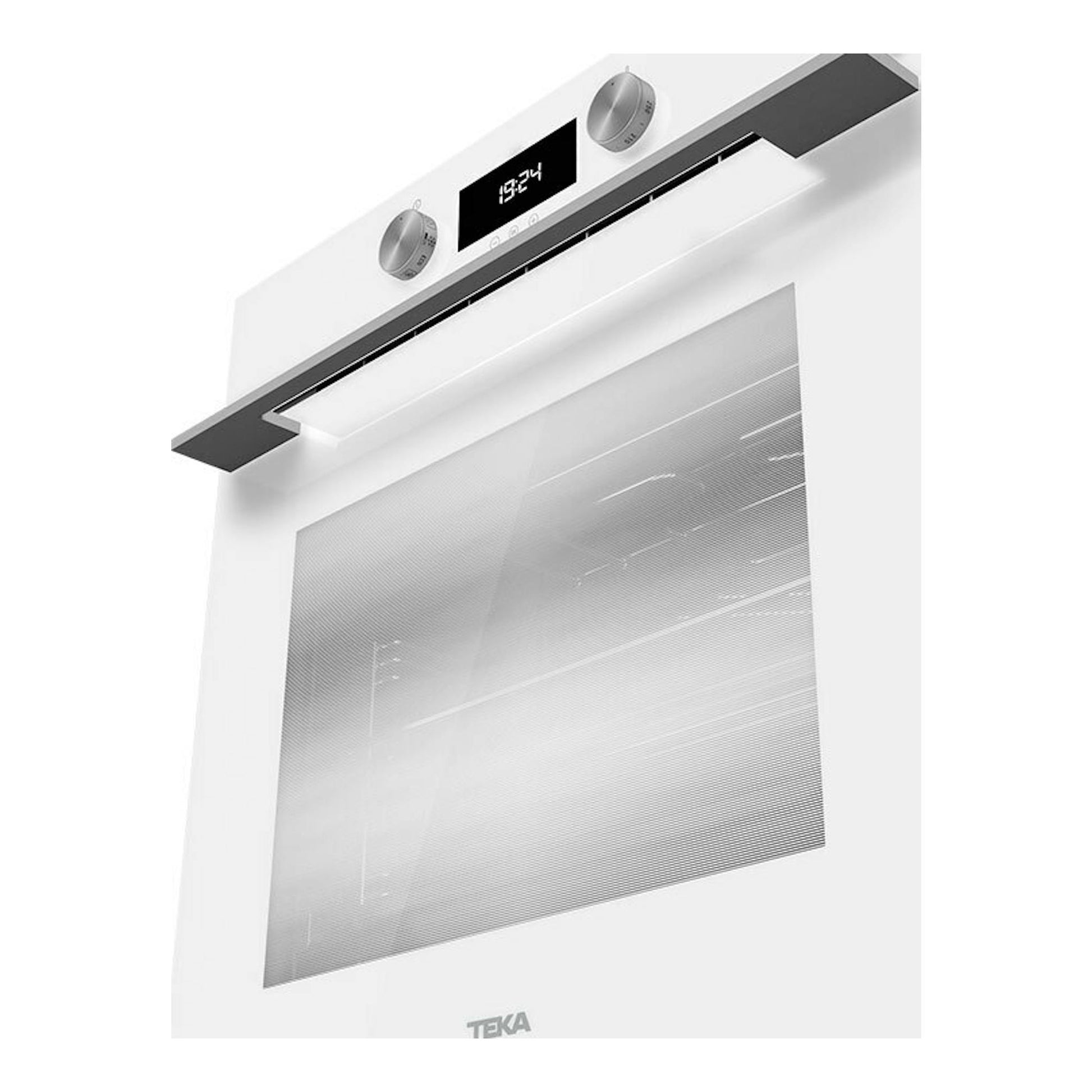 Horno empotrable Teka HLB8400 WH blanco, vista frontal inclinada, con dos mandos y display digital.