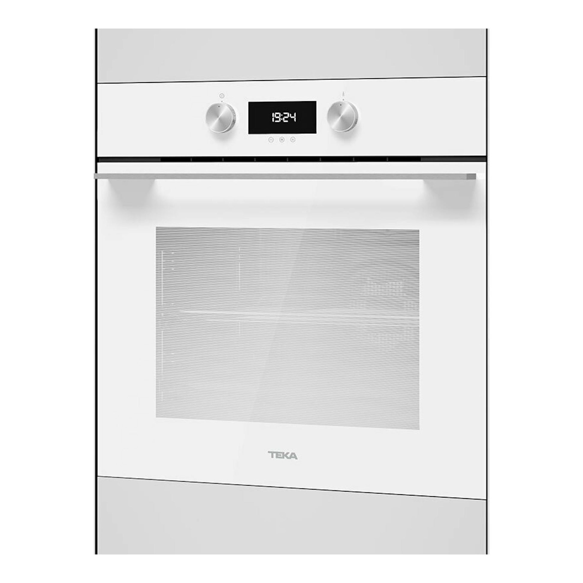 Horno Teka HLB8400 WH blanco, vista frontal, con panel digital y dos mandos.