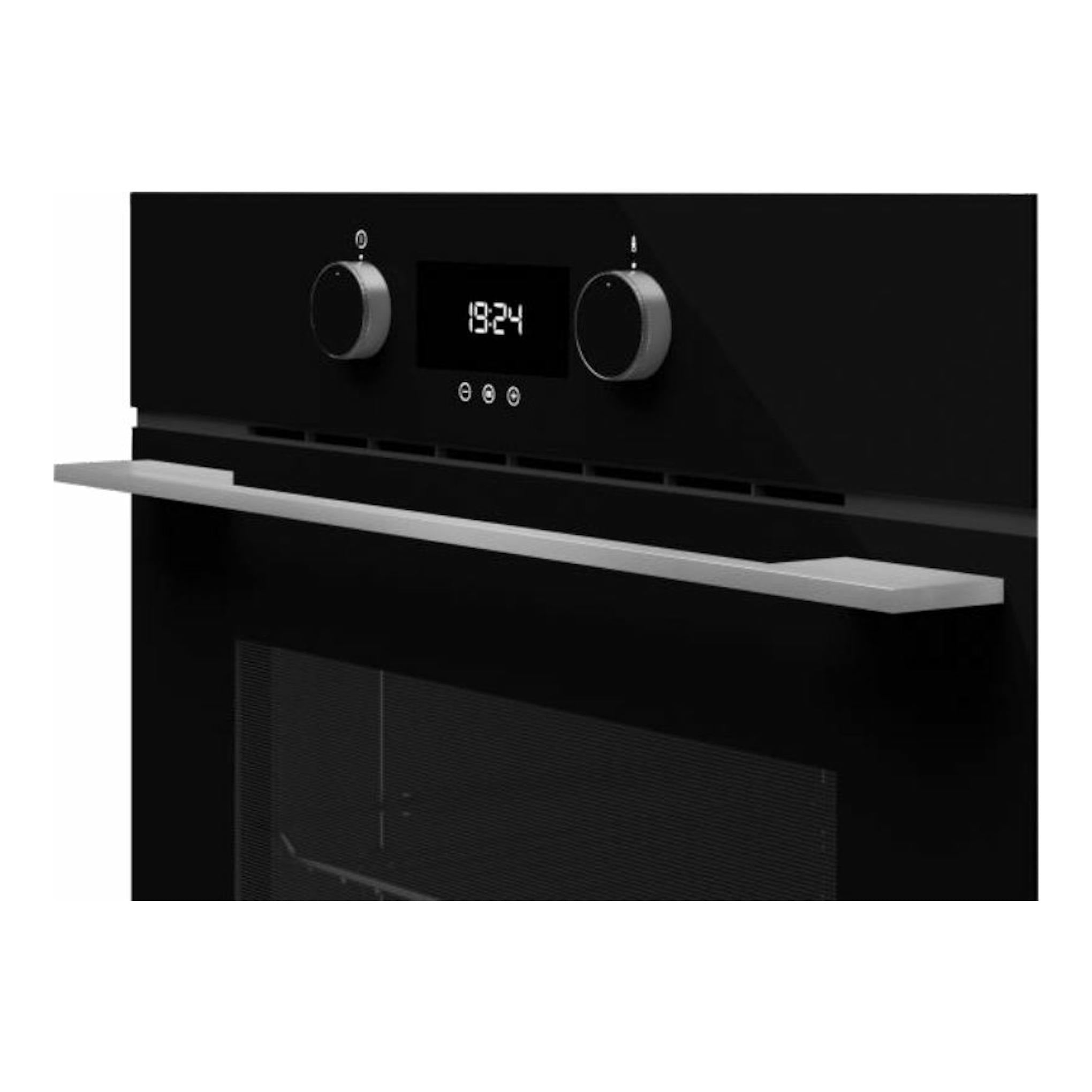 Horno Teka HLB8400P BK negro, vista frontal, con dos mandos, display digital y puerta de cristal.