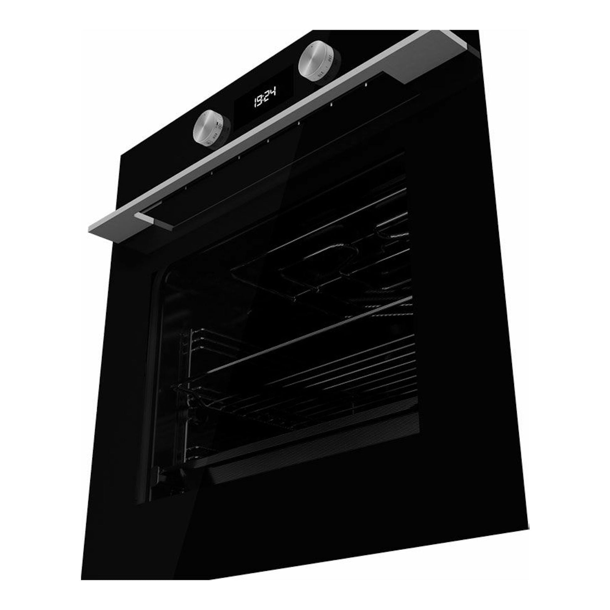 Horno empotrable Teka HLB8400P BK negro, vista frontal en ángulo, con dos mandos plateados y display digital.