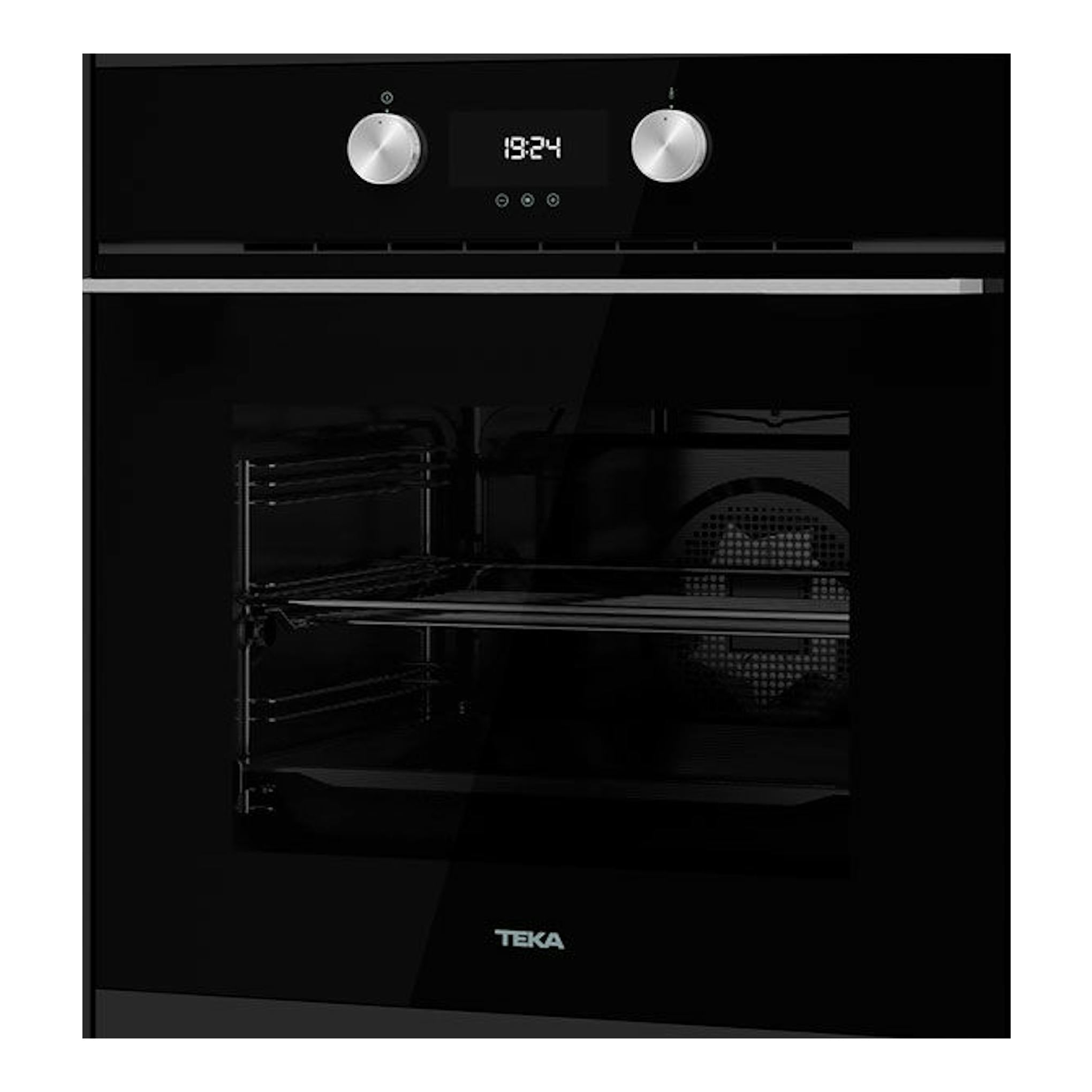 Horno empotrable Teka HLB8400P BK negro, vista frontal, con pantalla digital y dos mandos plateados.