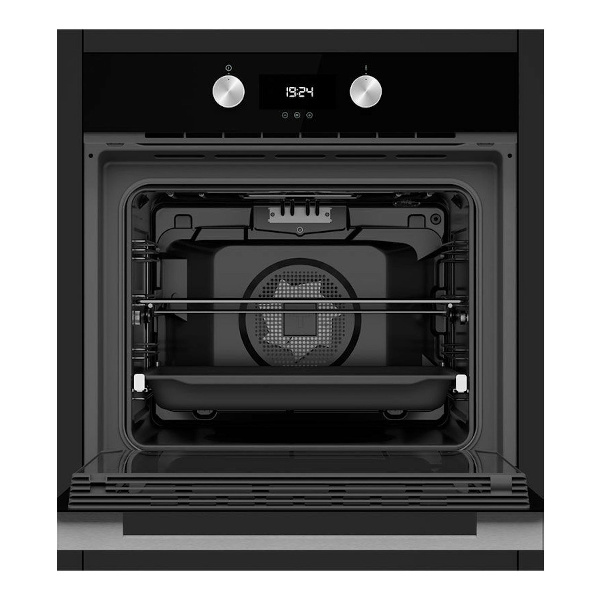 Horno Teka HLB8400P BK negro, vista frontal con puerta abierta, display digital y dos mandos visibles.