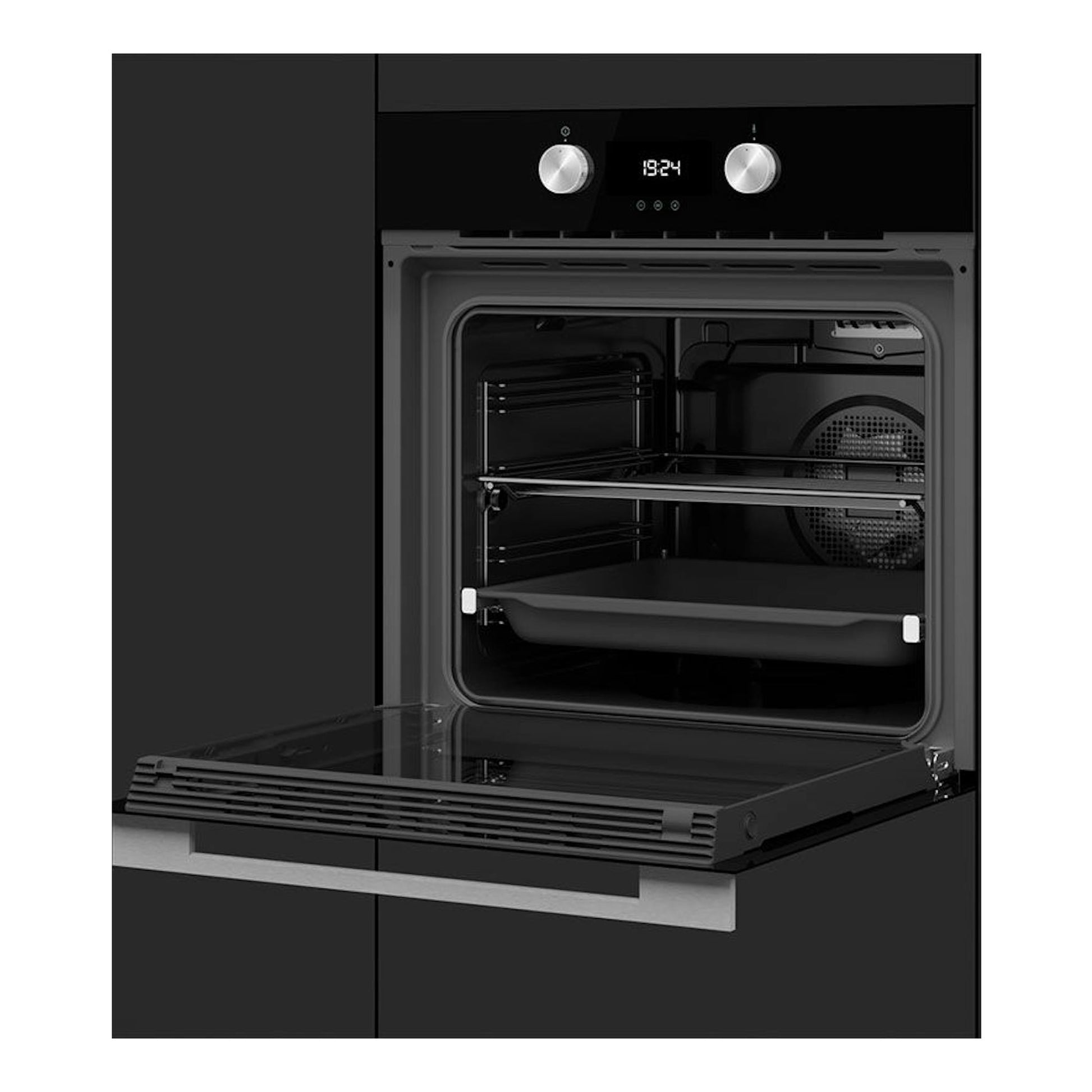 Horno Teka HLB8400P BK negro empotrado, con puerta abatible abierta y interior visible, vista frontal.