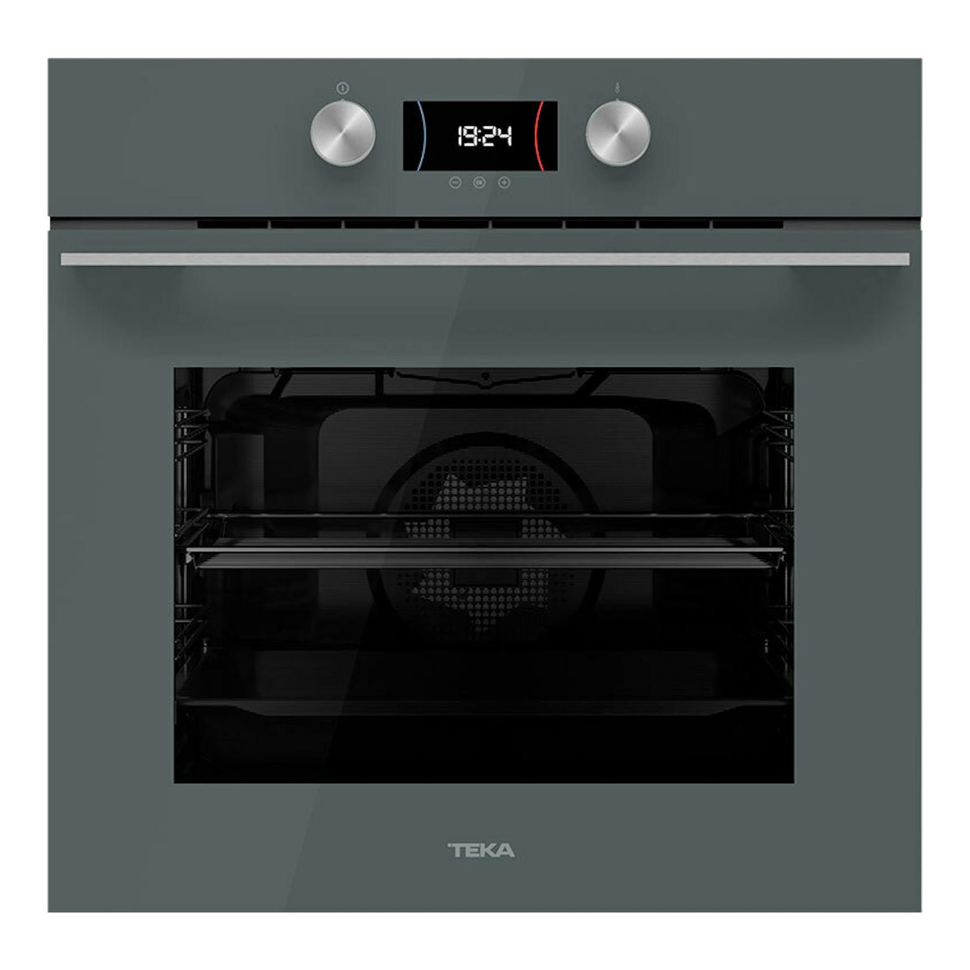 Horno Teka HLB8400P Stone Grey, vista frontal, acabado gris con dos mandos y pantalla digital.