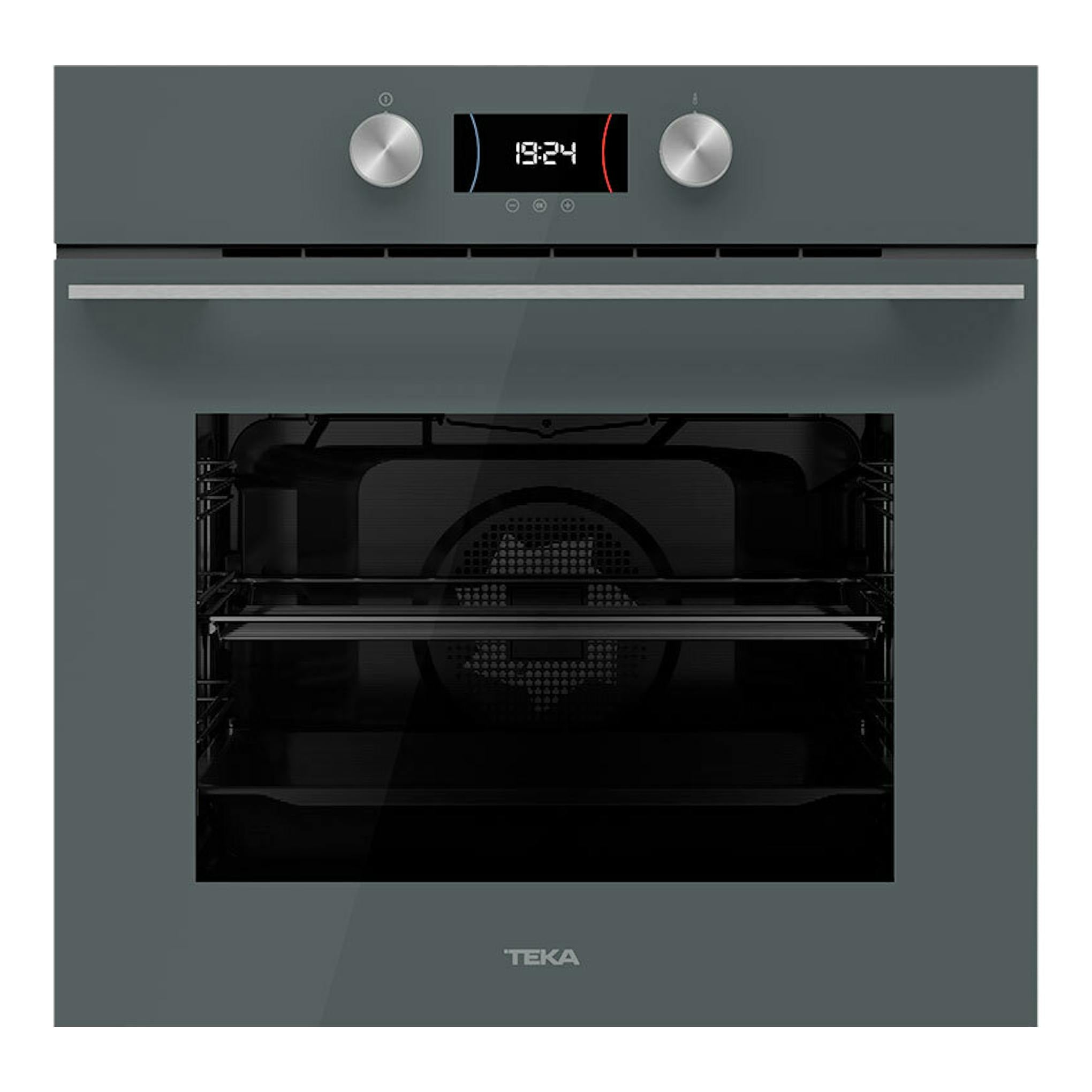 Horno Teka HLB8400P Stone Grey, vista frontal, acabado gris con dos mandos y pantalla digital.