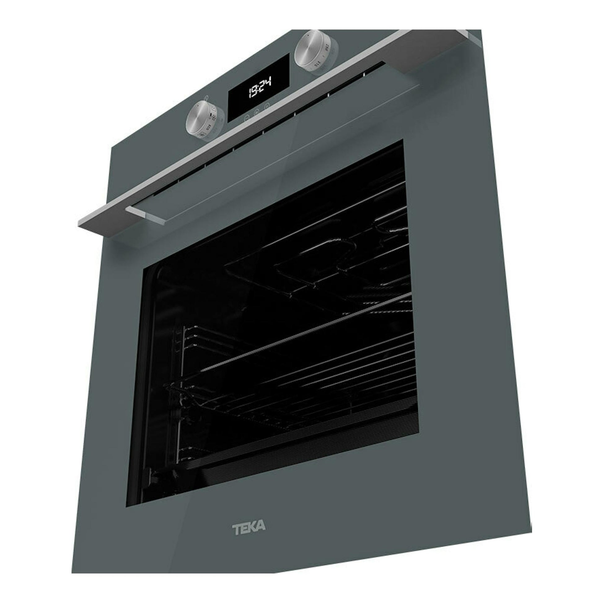 Horno empotrable Teka HLB8400P Stone Grey, frontal en ángulo, gris con puerta de cristal negro y mandos.