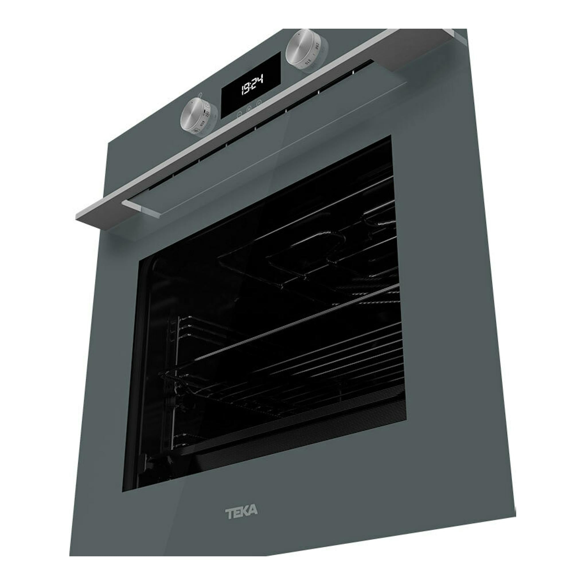Horno empotrable Teka HLB8400P Stone Grey, frontal en ángulo, gris con puerta de cristal negro y mandos.