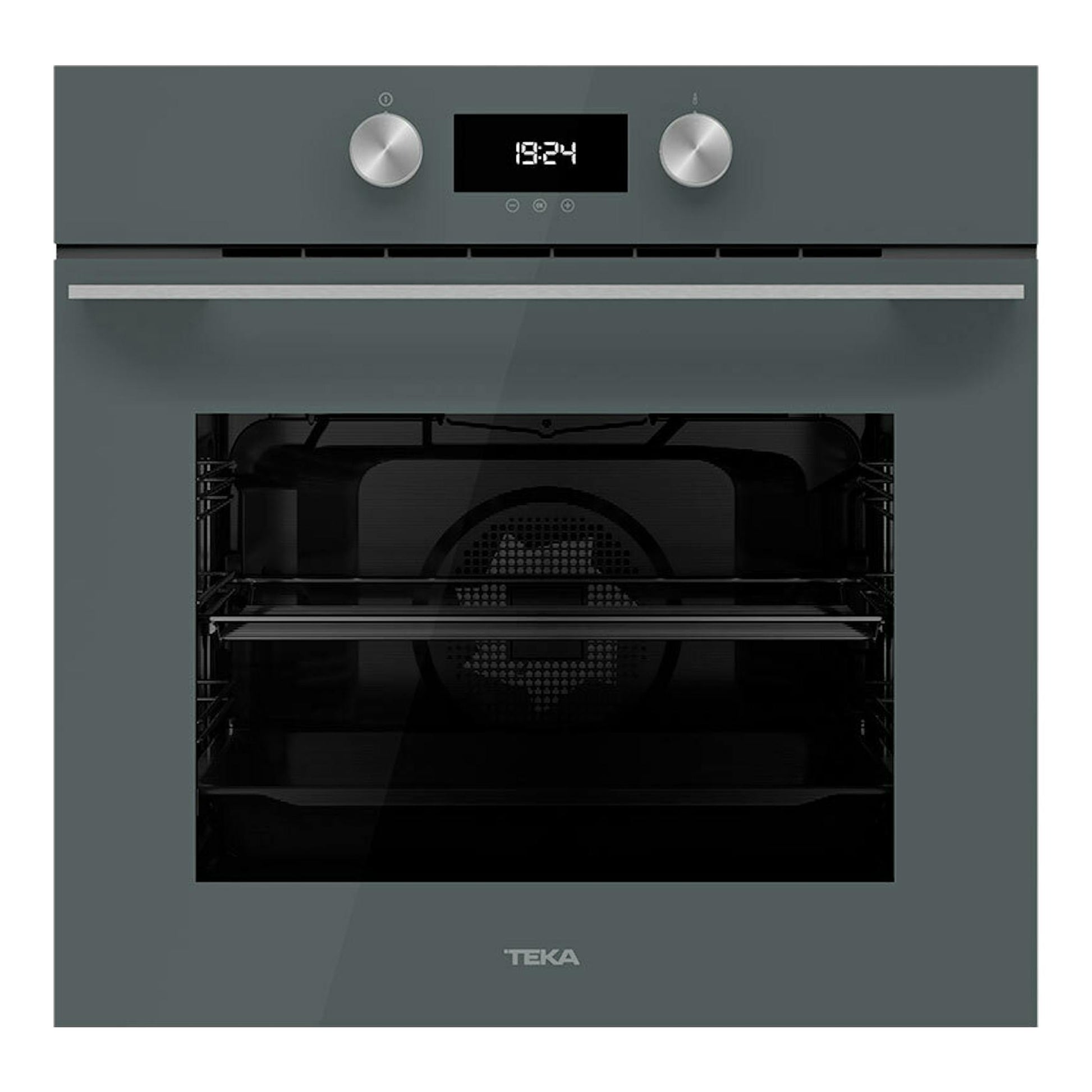 Horno Teka HLB8400P Stone Grey, vista frontal, gris oscuro, panel digital y dos mandos plateados.